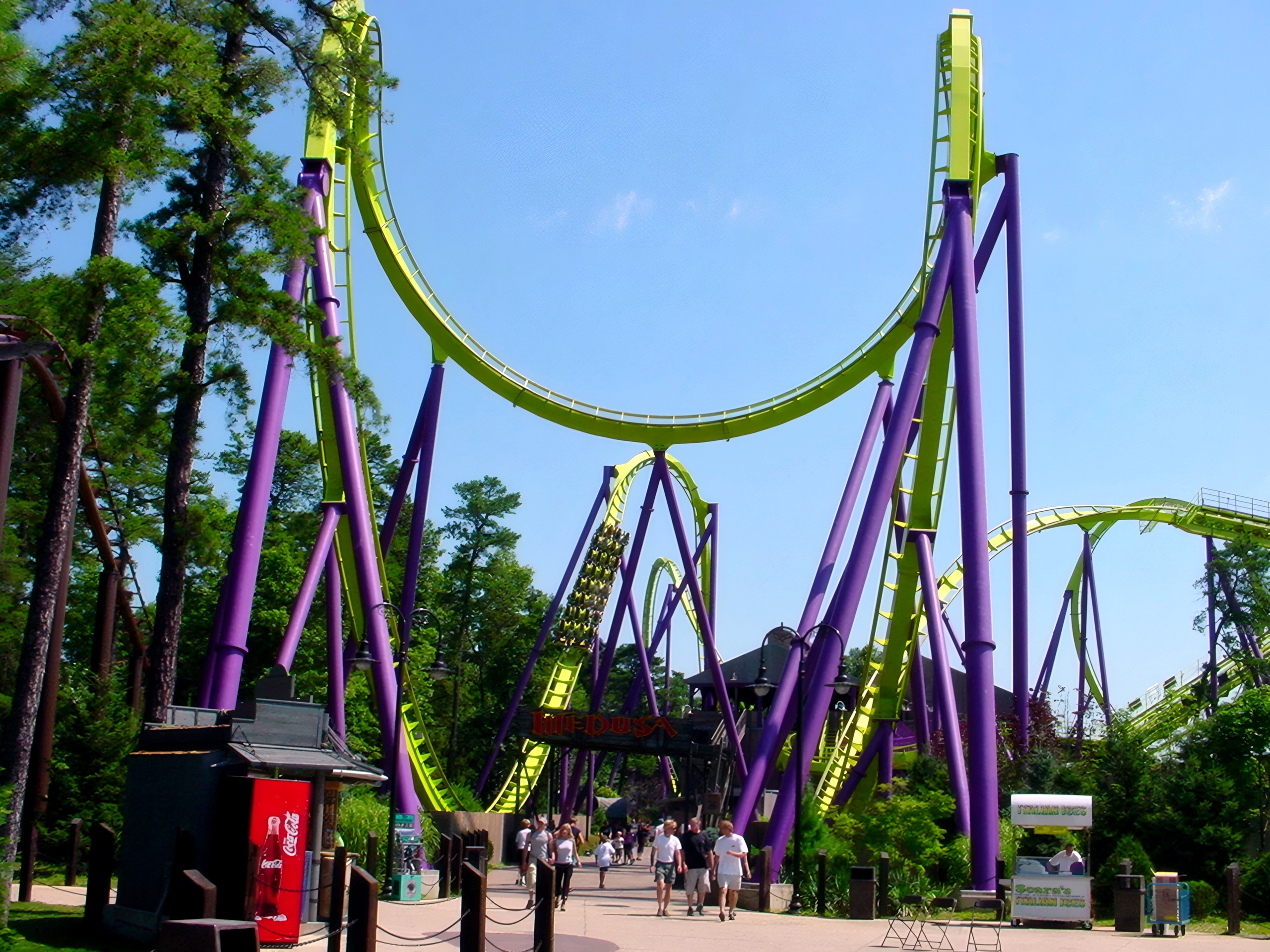 Medusa's vertical loop and purple supports from the midway at Six Flags Great Adventure, July 2001
