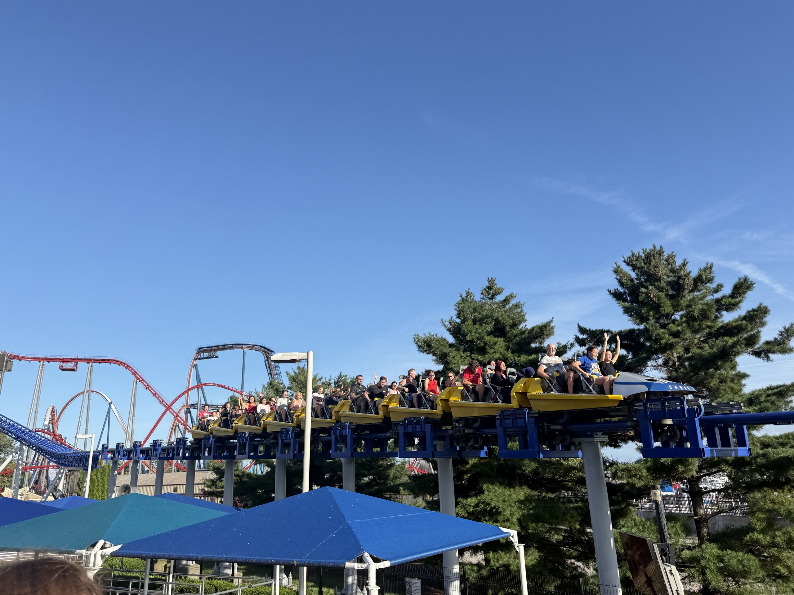 A yellow Millennium Force train on the brake run with riders' arms raised