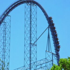 Millennium Force giga coaster at Cedar Point: a train climbing the 310-foot lift hill