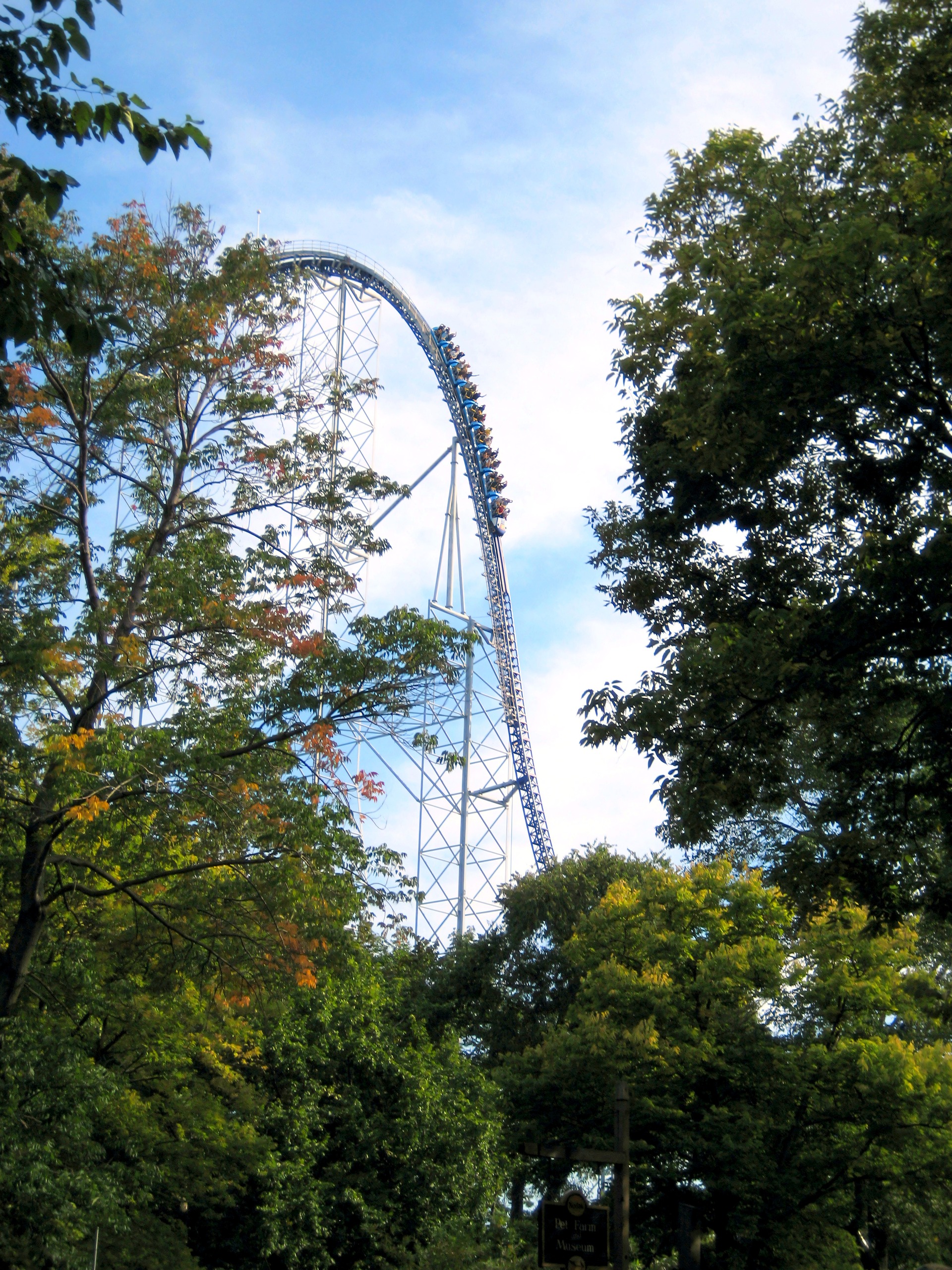 A Millennium Force train climbing the 310-foot lift hill, framed by early-fall trees at Cedar Point, September 2007