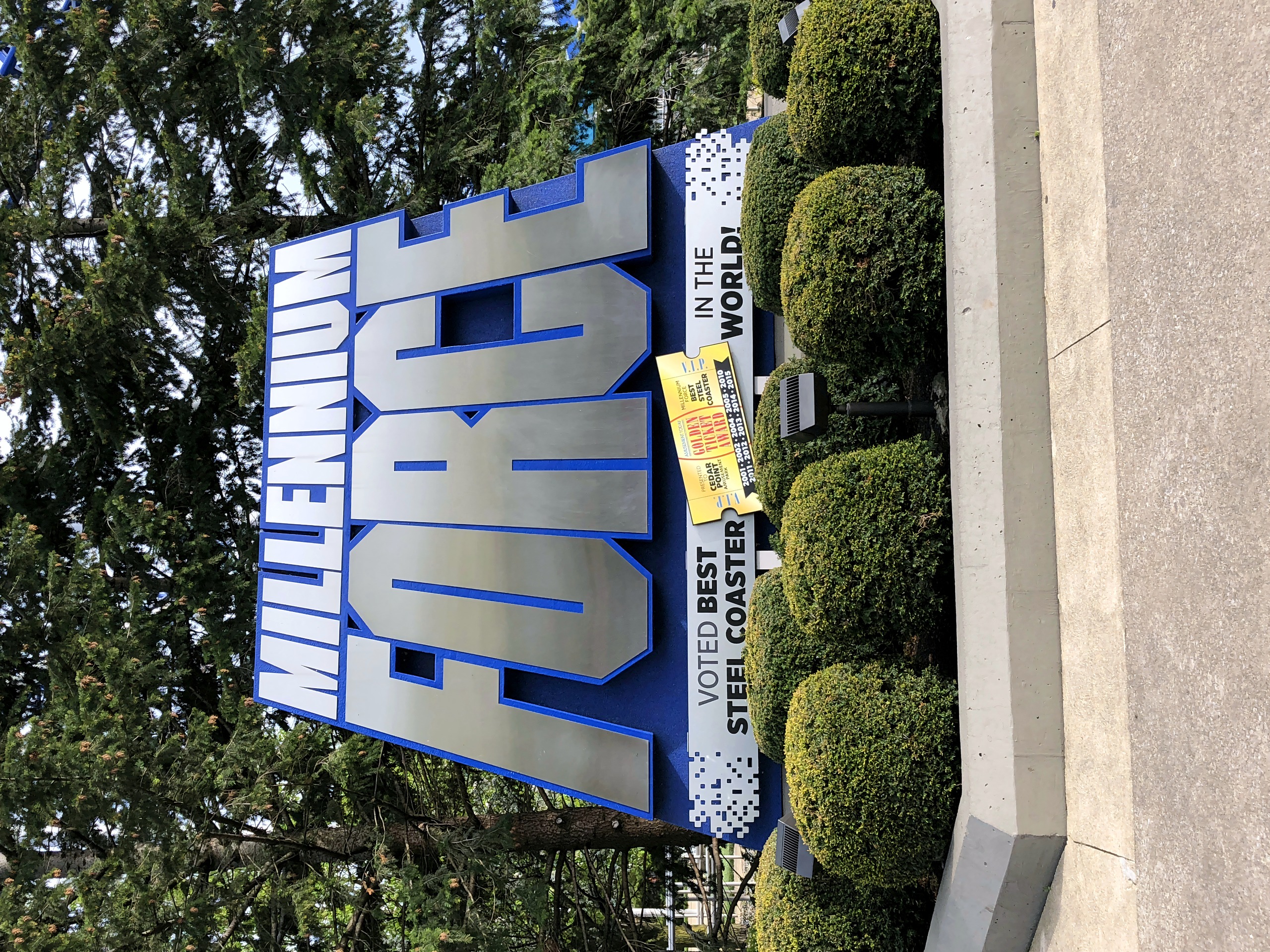 Millennium Force entrance sign, voted best steel coaster in world, Millennium Force, May 2018