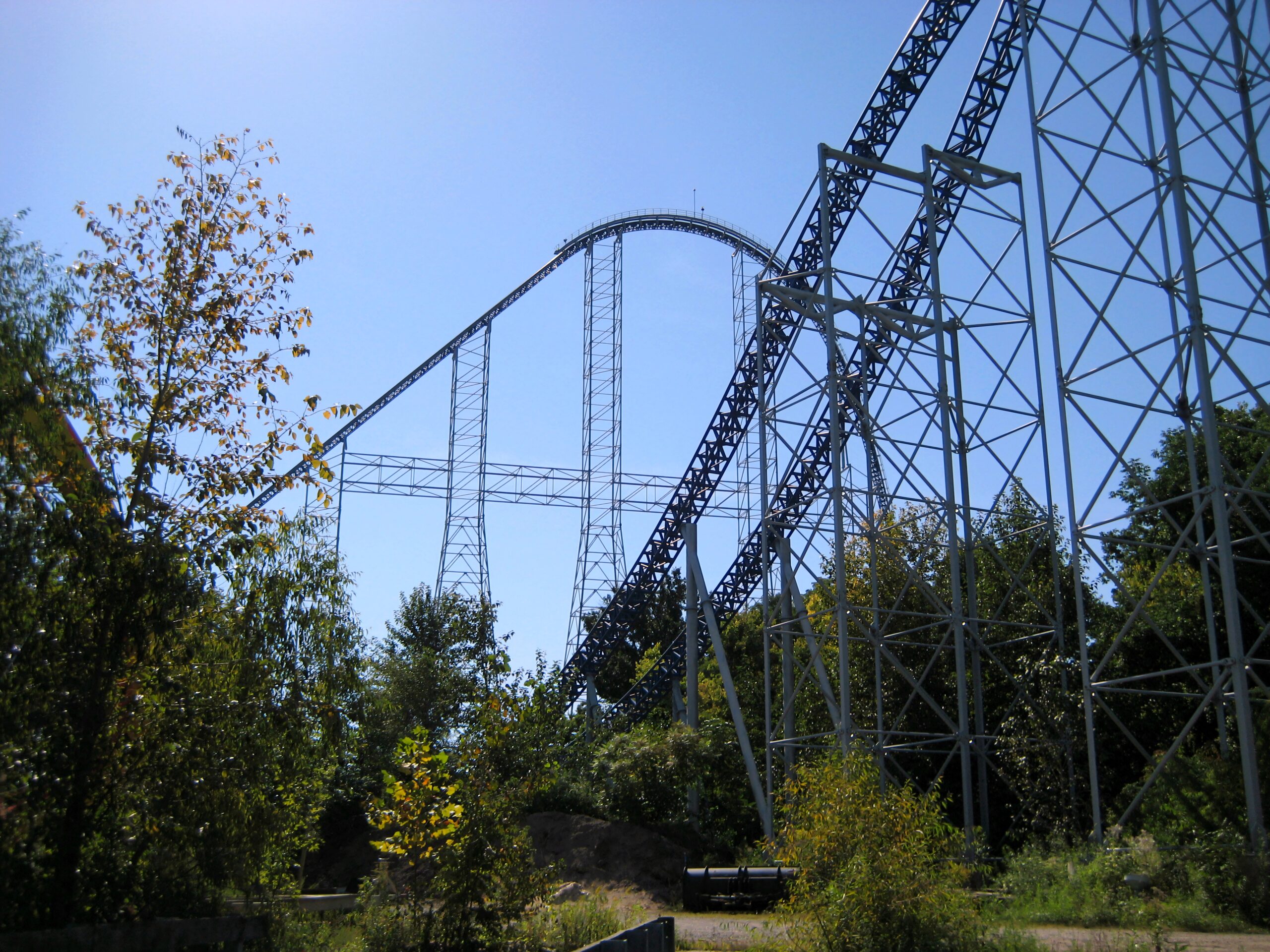 Millennium Force's overbanked turn seen from the island, September 2007