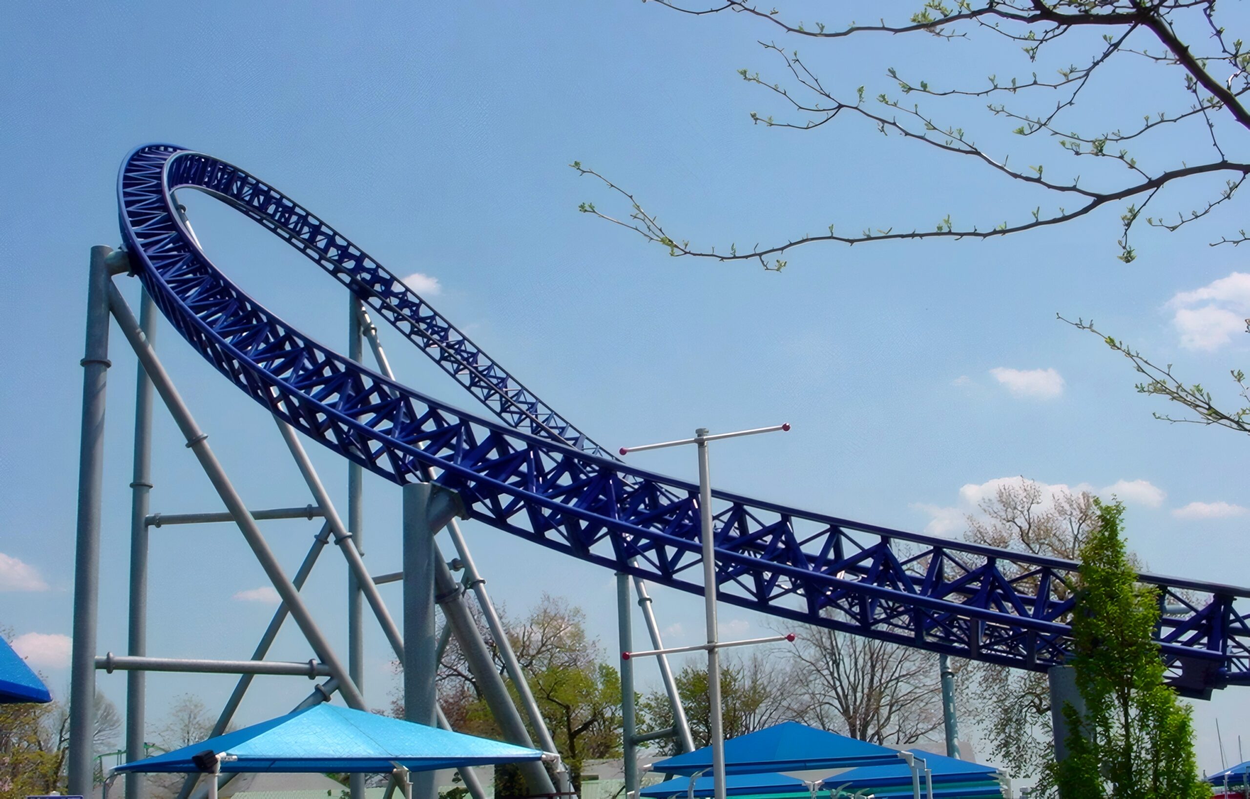 Millennium Force's overbanked turn above the midway tents at Cedar Point, May 2002