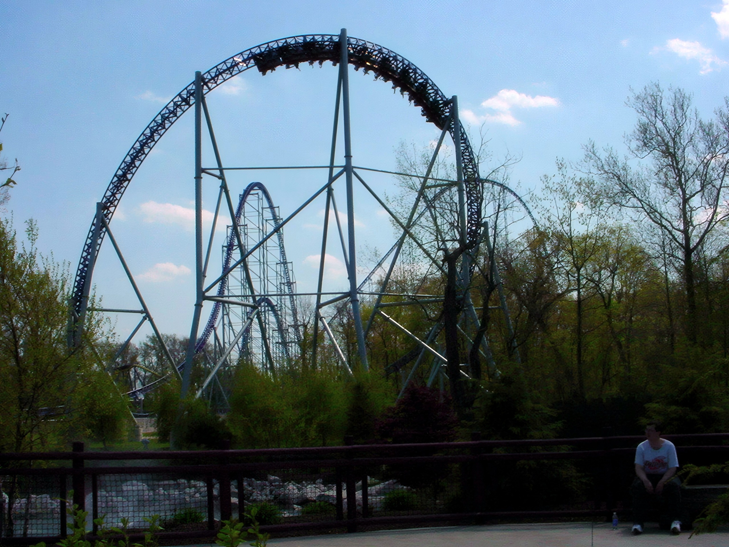 Steel coaster with big loop, train inverted at top, Millennium Force, May 2002