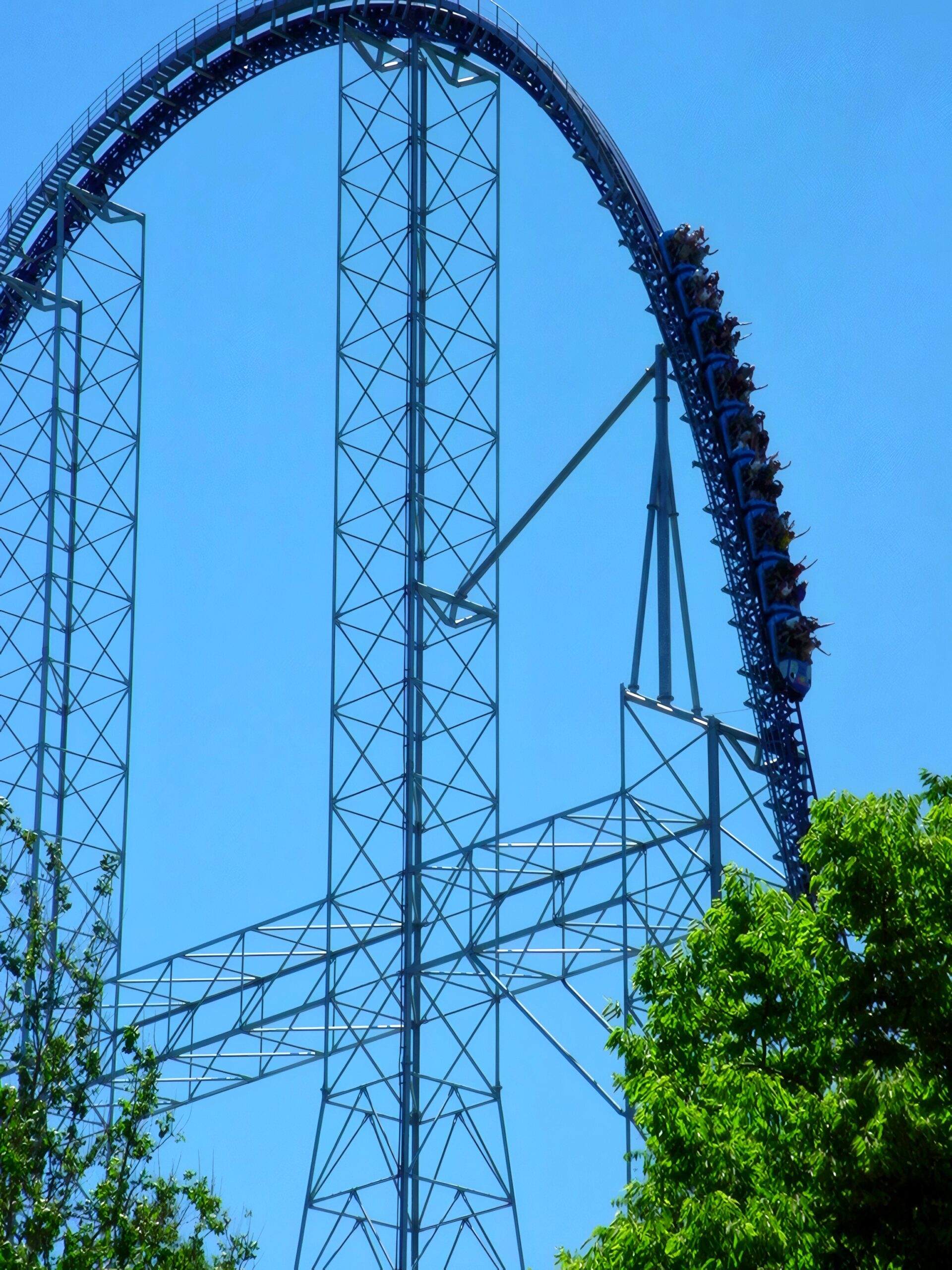 A Millennium Force train climbing the 310-foot lift hill, July 2003
