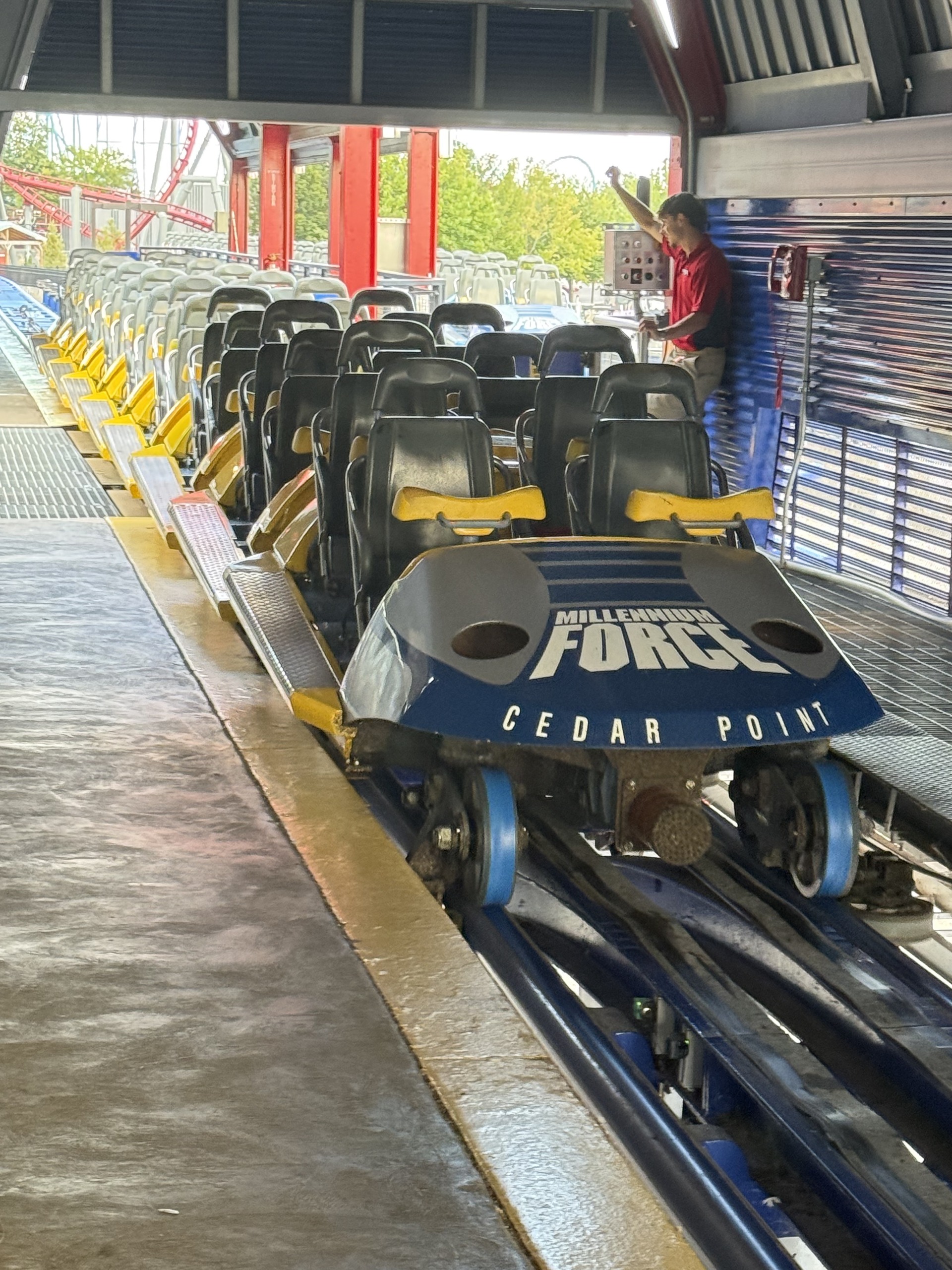 The front of a Millennium Force train stopped in the station