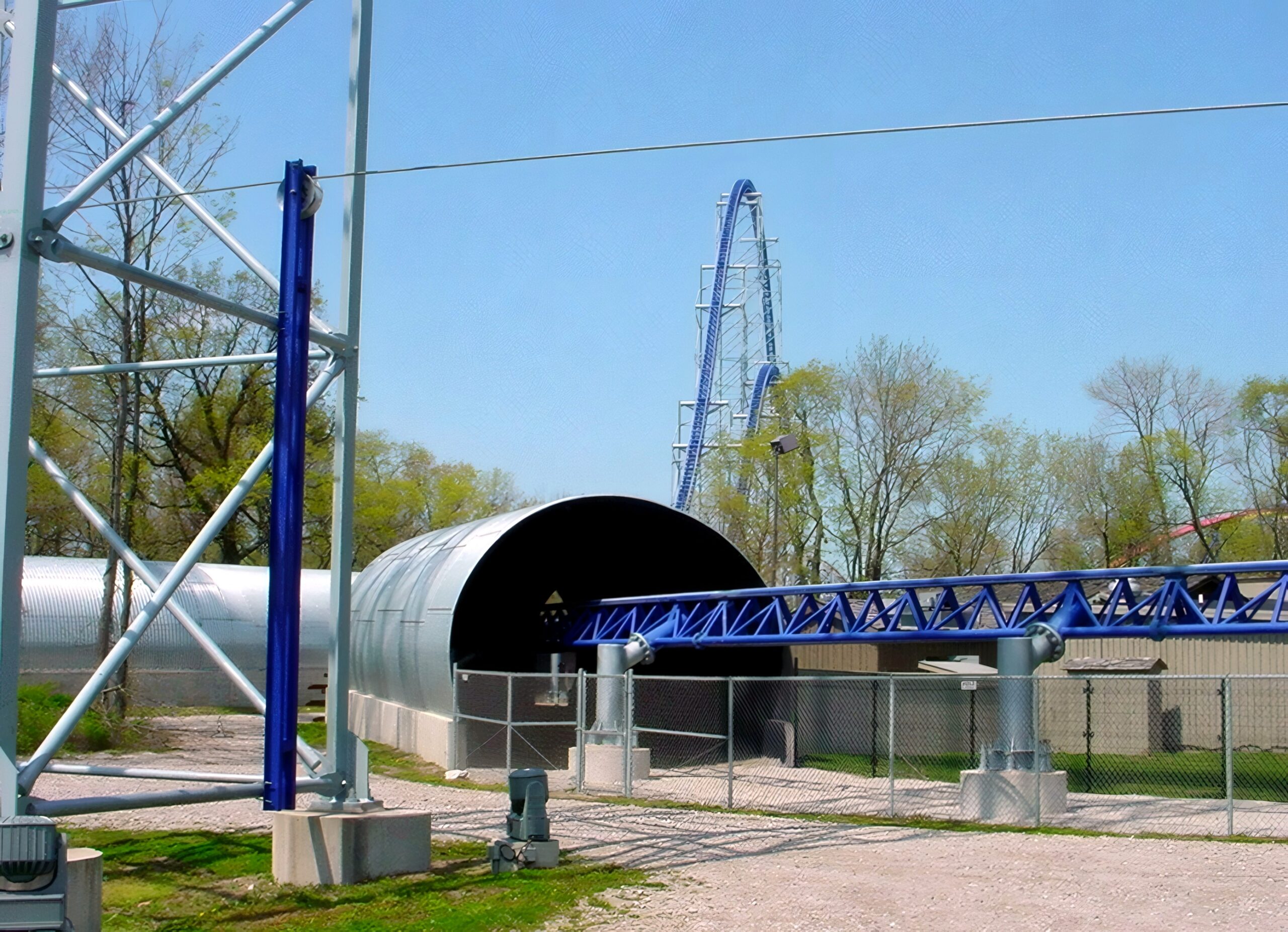 Millennium Force's tunnel and track on the island, May 2002