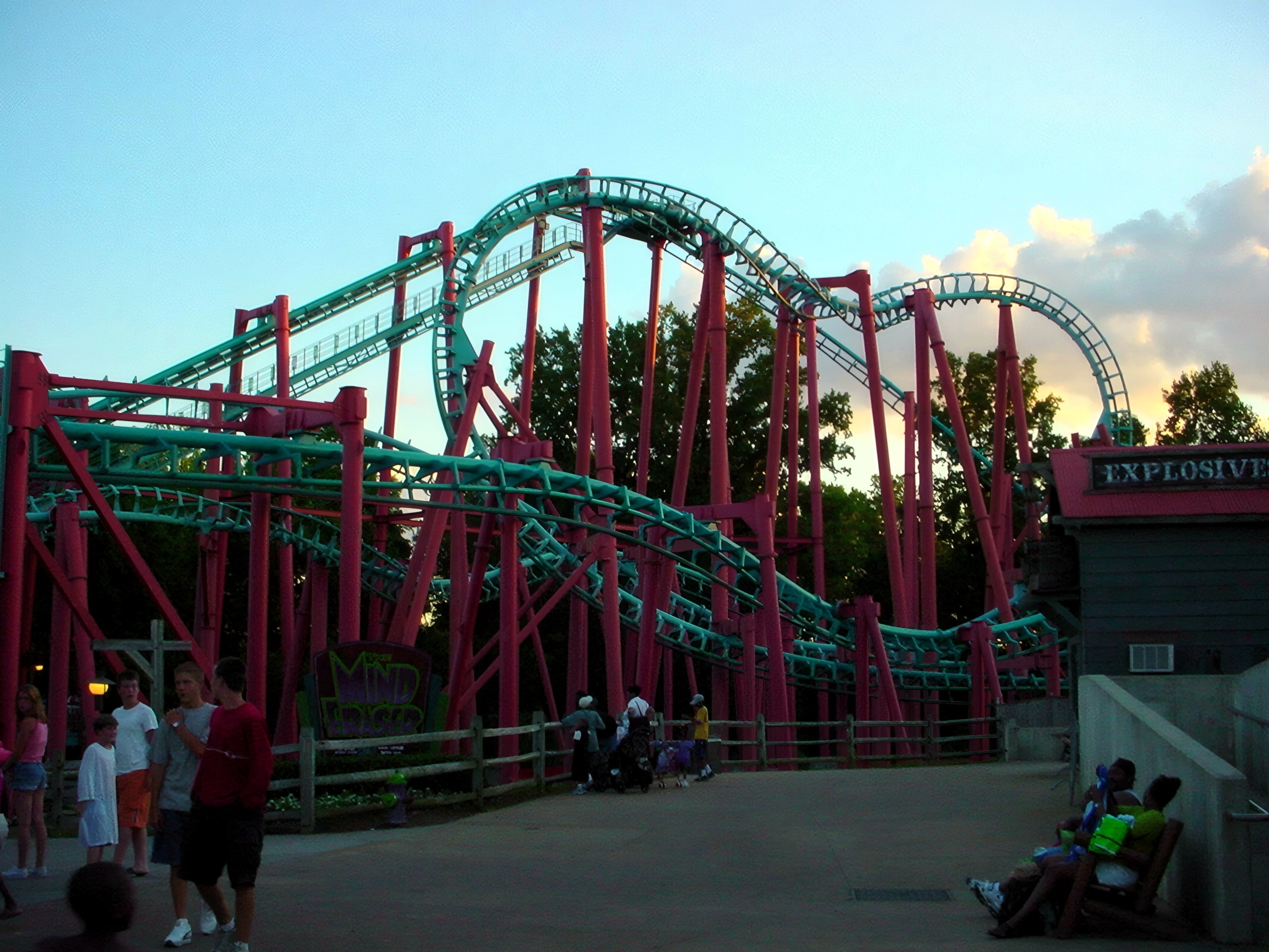 Mind Eraser's track above the walkway by the Explosives building at Six Flags America, July 2001