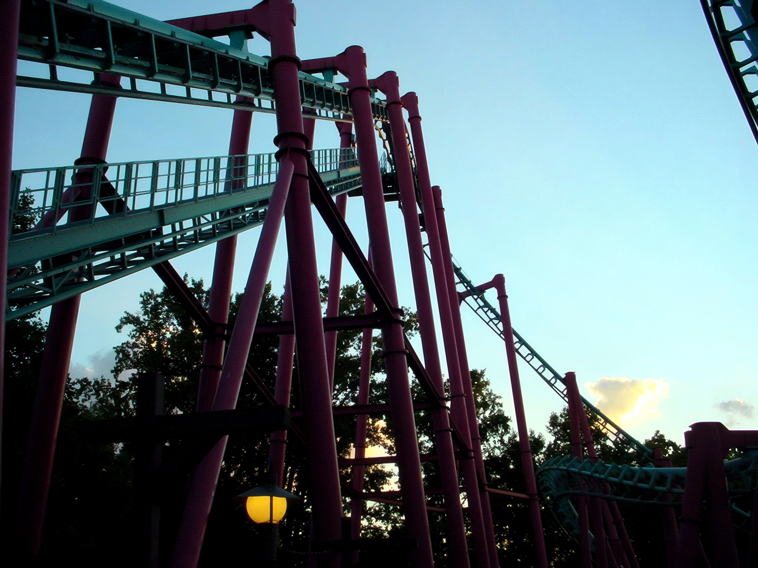 Mind Eraser's track and red supports at dusk at Six Flags America, July 2001
