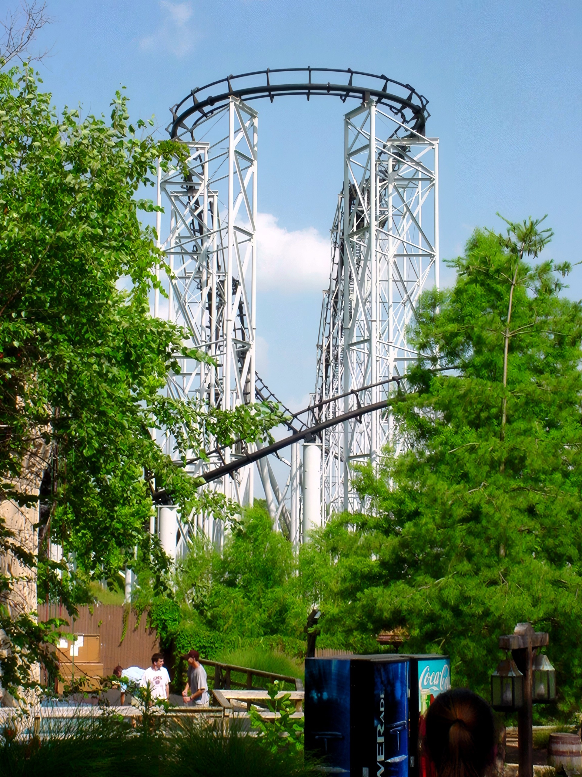 The Ninja lift hill and loop above the trees at Mid America Adventure, June 2002