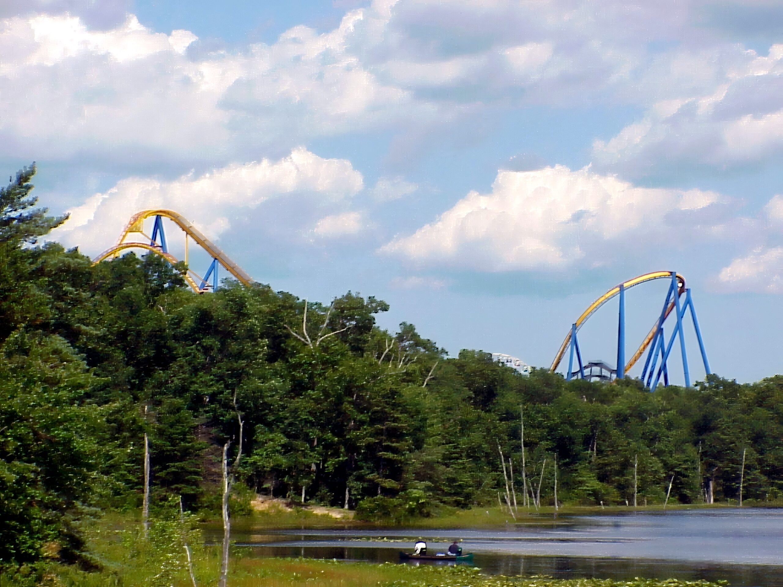 Nitro's hills seen across the lake at Six Flags Great Adventure, July 2001
