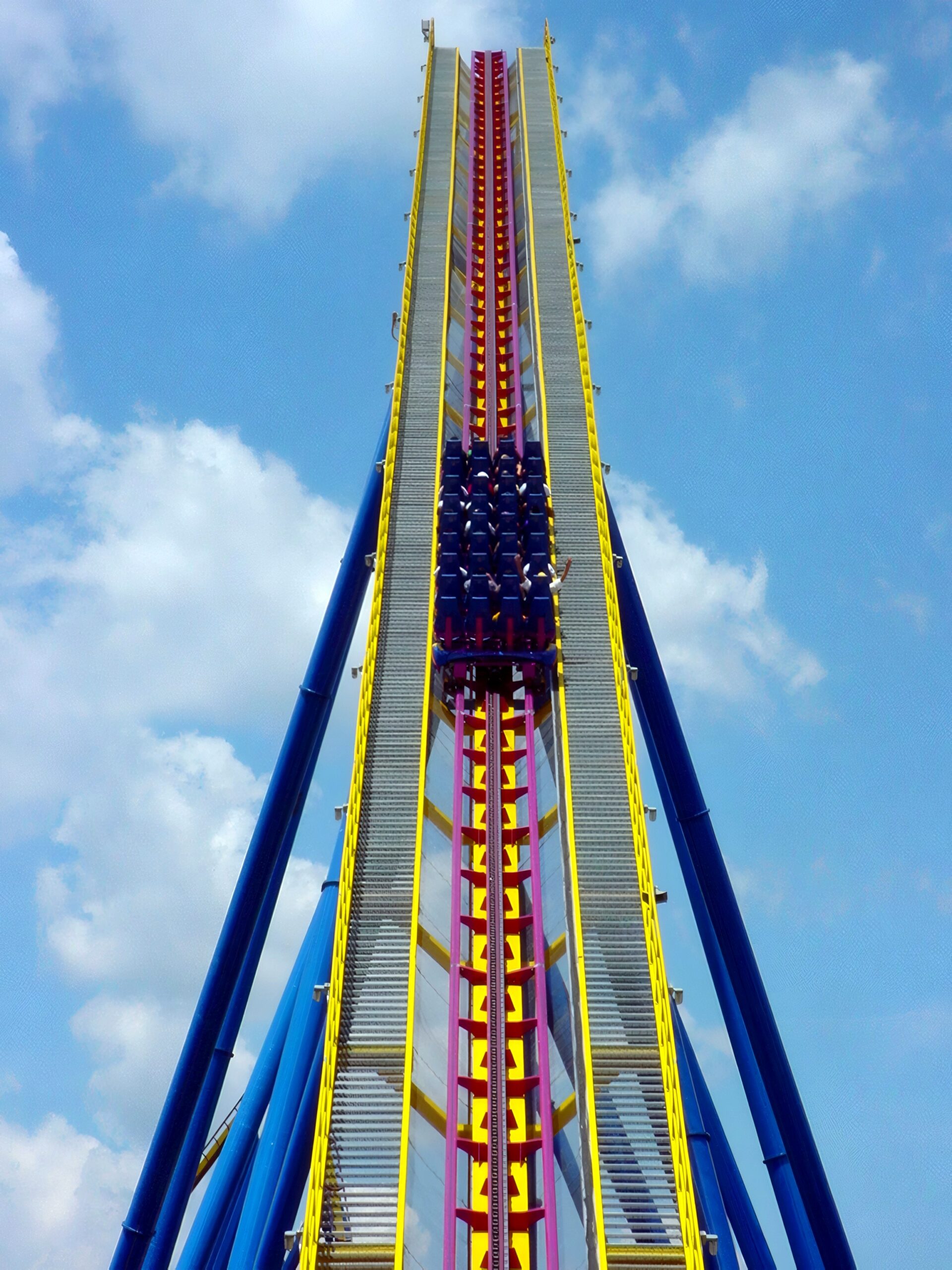 A Nitro train diving down the first drop, July 2001