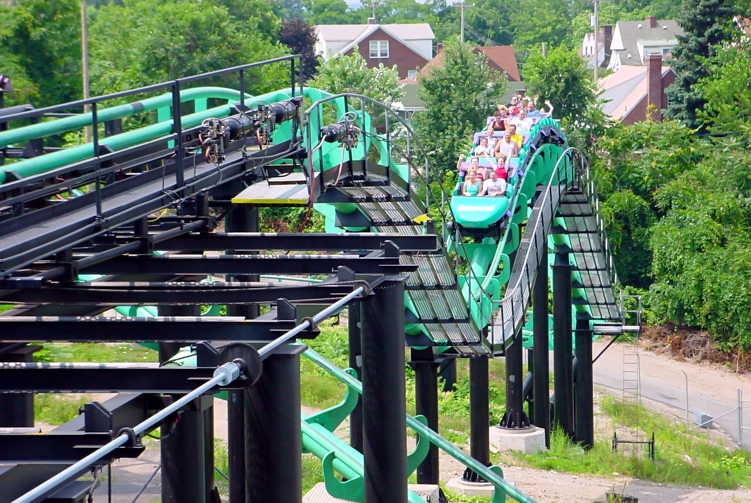 A Phantom's Revenge train passing over the station area, July 2003