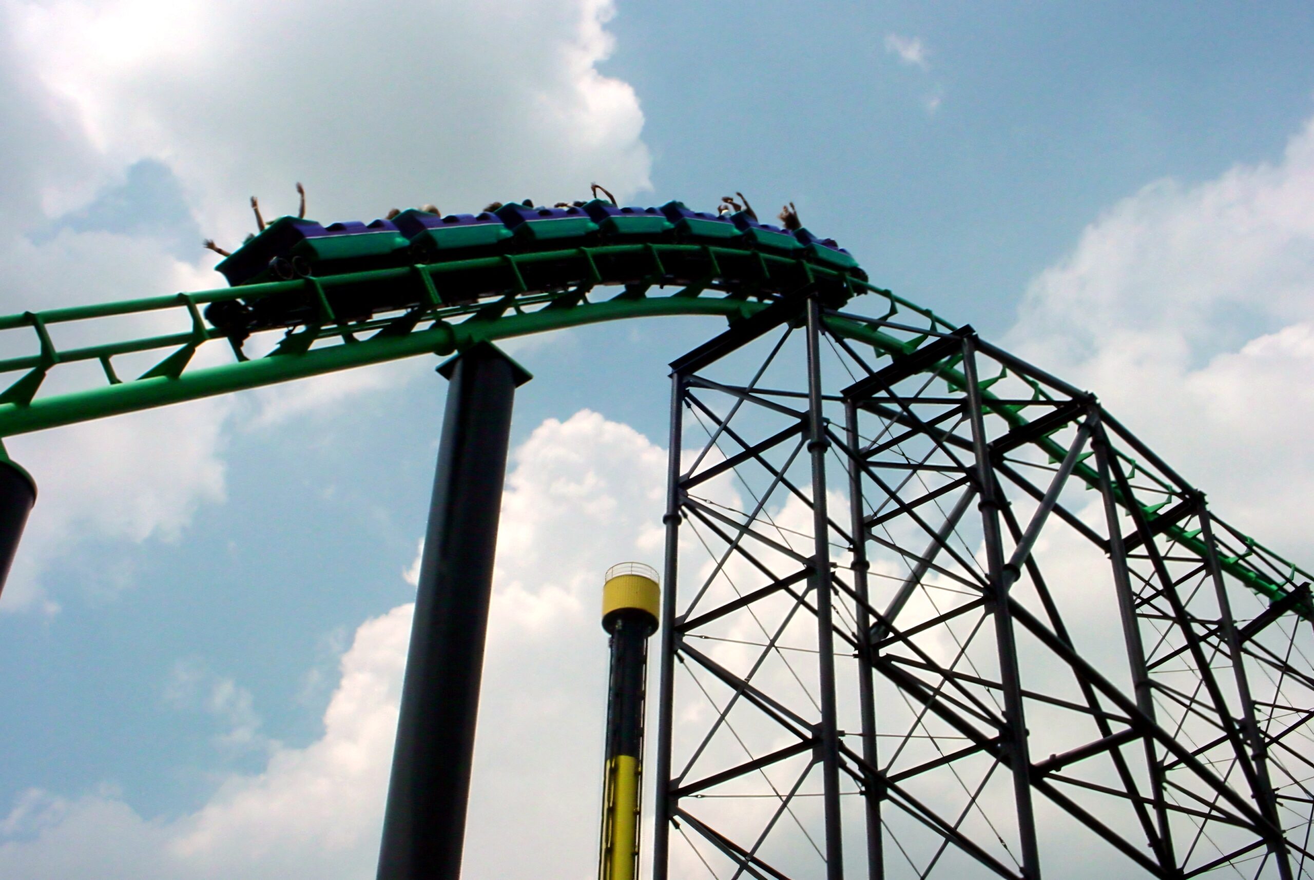 A Phantom's Revenge train diving through the structure, July 2003