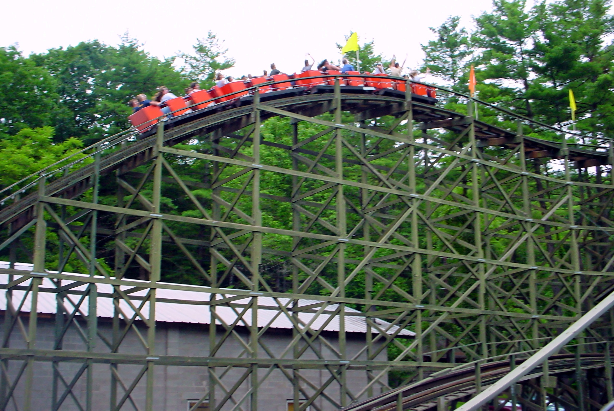 A Phoenix train cresting a hill of the wooden coaster, July 2003