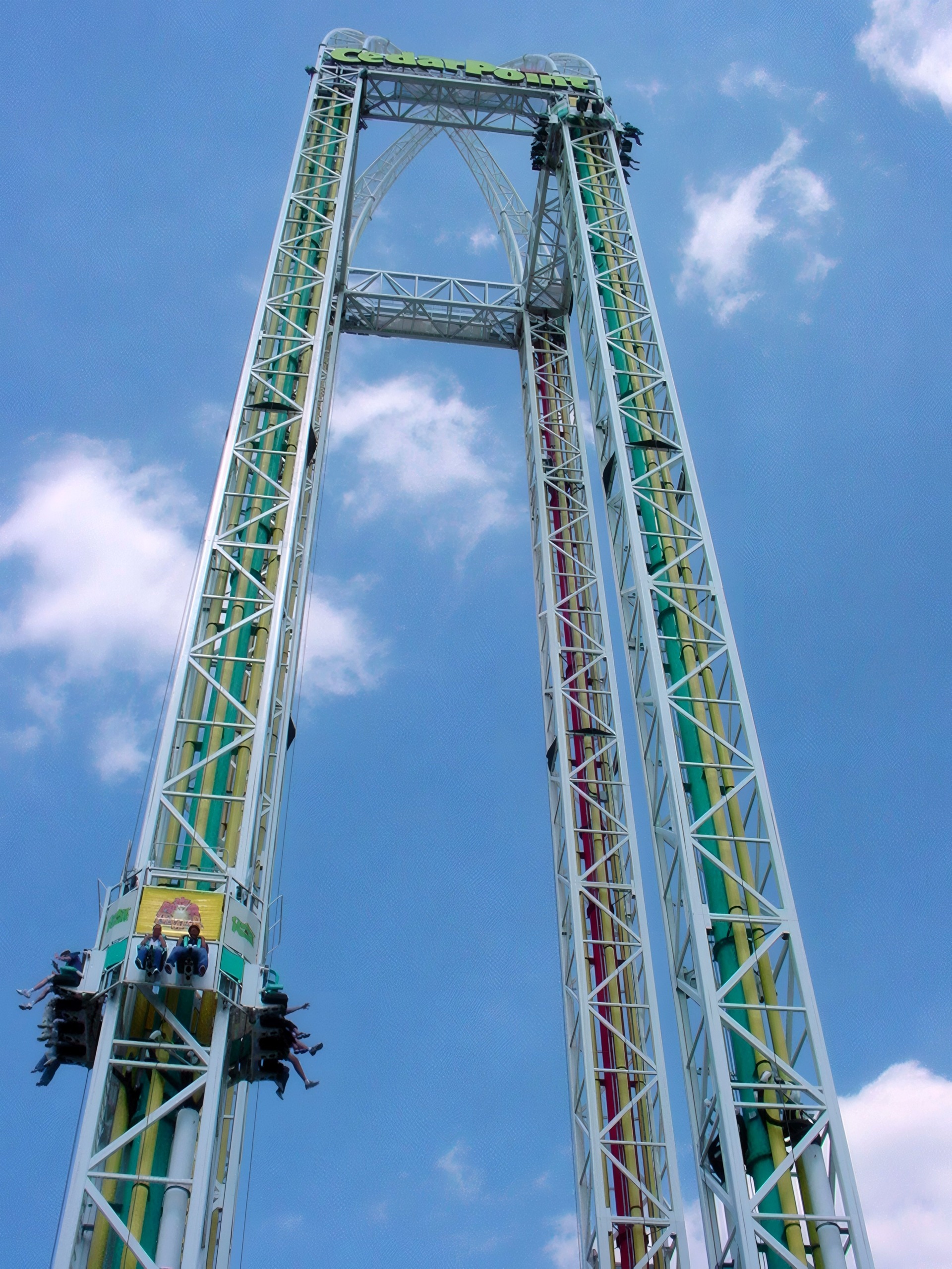 Wicked Twister launch towers rising into blue sky, Power Tower, May 2002