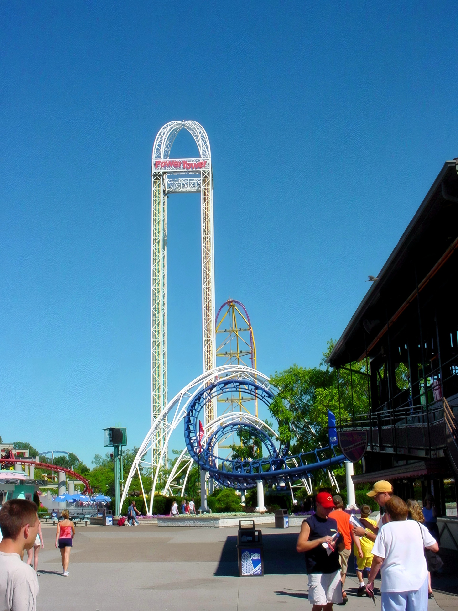 Wicked Twister's twisted towers seen across plaza, Power Tower, July 2003
