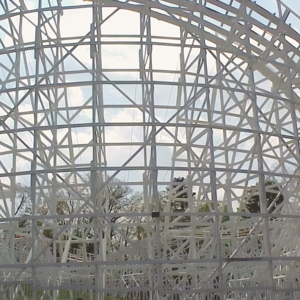 Raging Wolf Bobs at Geauga Lake: the white wooden lattice seen from below