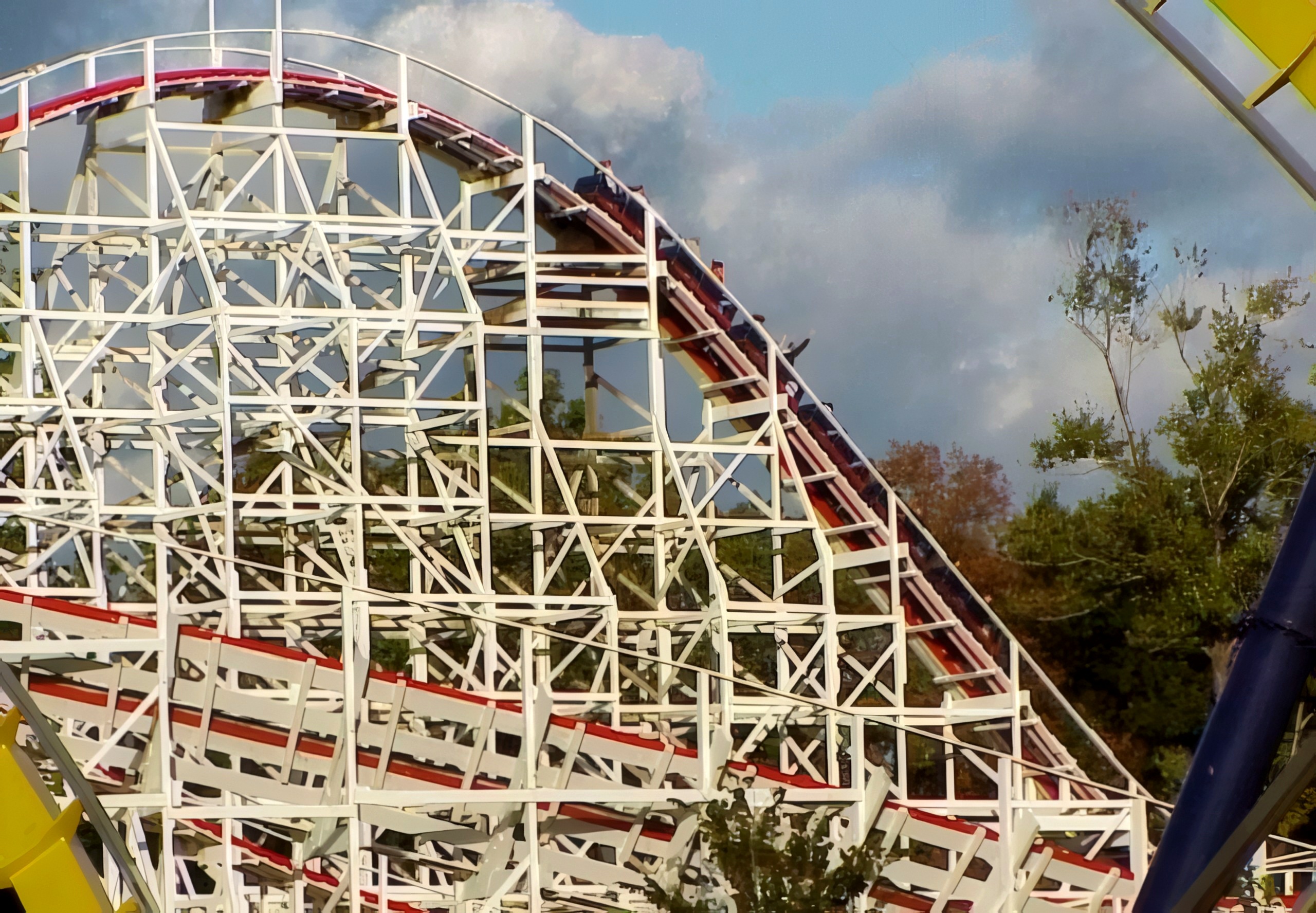 A train diving through the white-painted structure, May 7, 2000