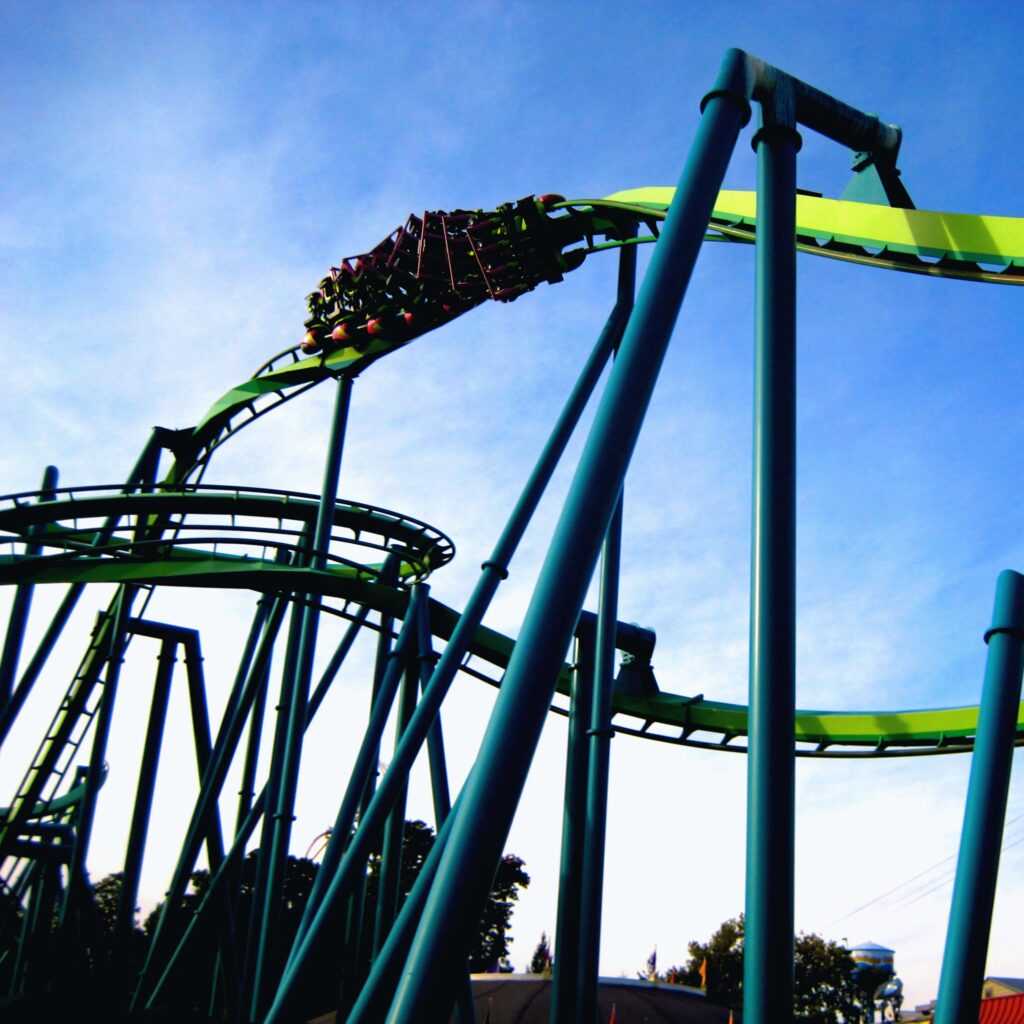 Raptor inverted roller coaster at Cedar Point: a train through an inversion against the sky