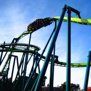 Raptor inverted roller coaster at Cedar Point: a train through an inversion against the sky