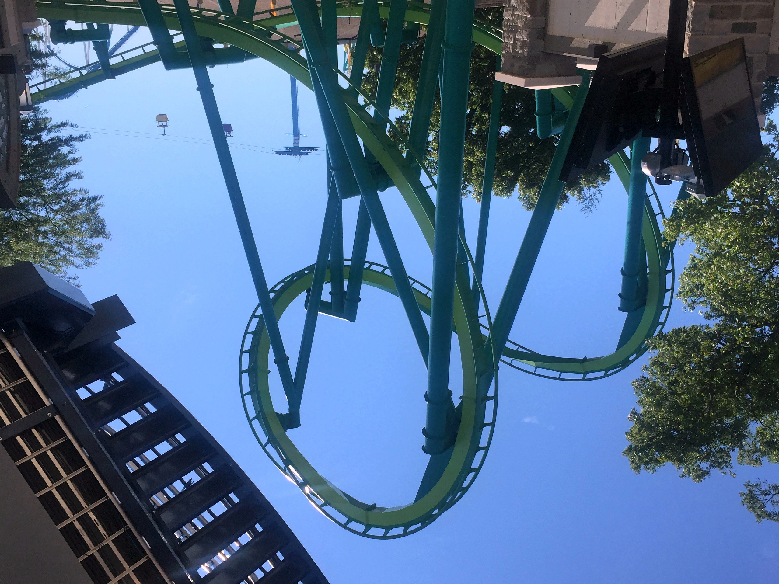 Green steel coaster loop near station roof and trees, Raptor, July 2016