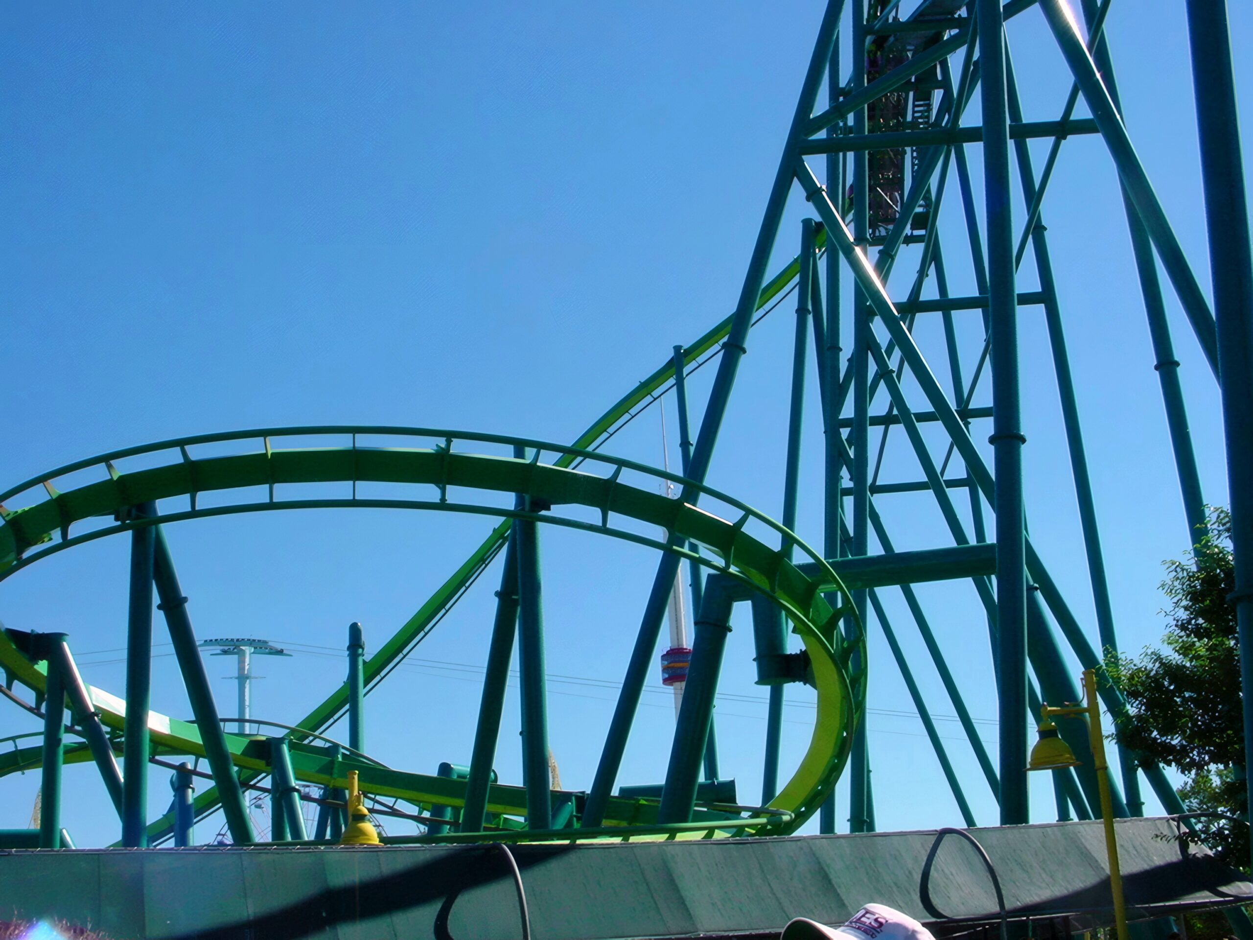 Raptor's track winding above the midway at Cedar Point, July 2003