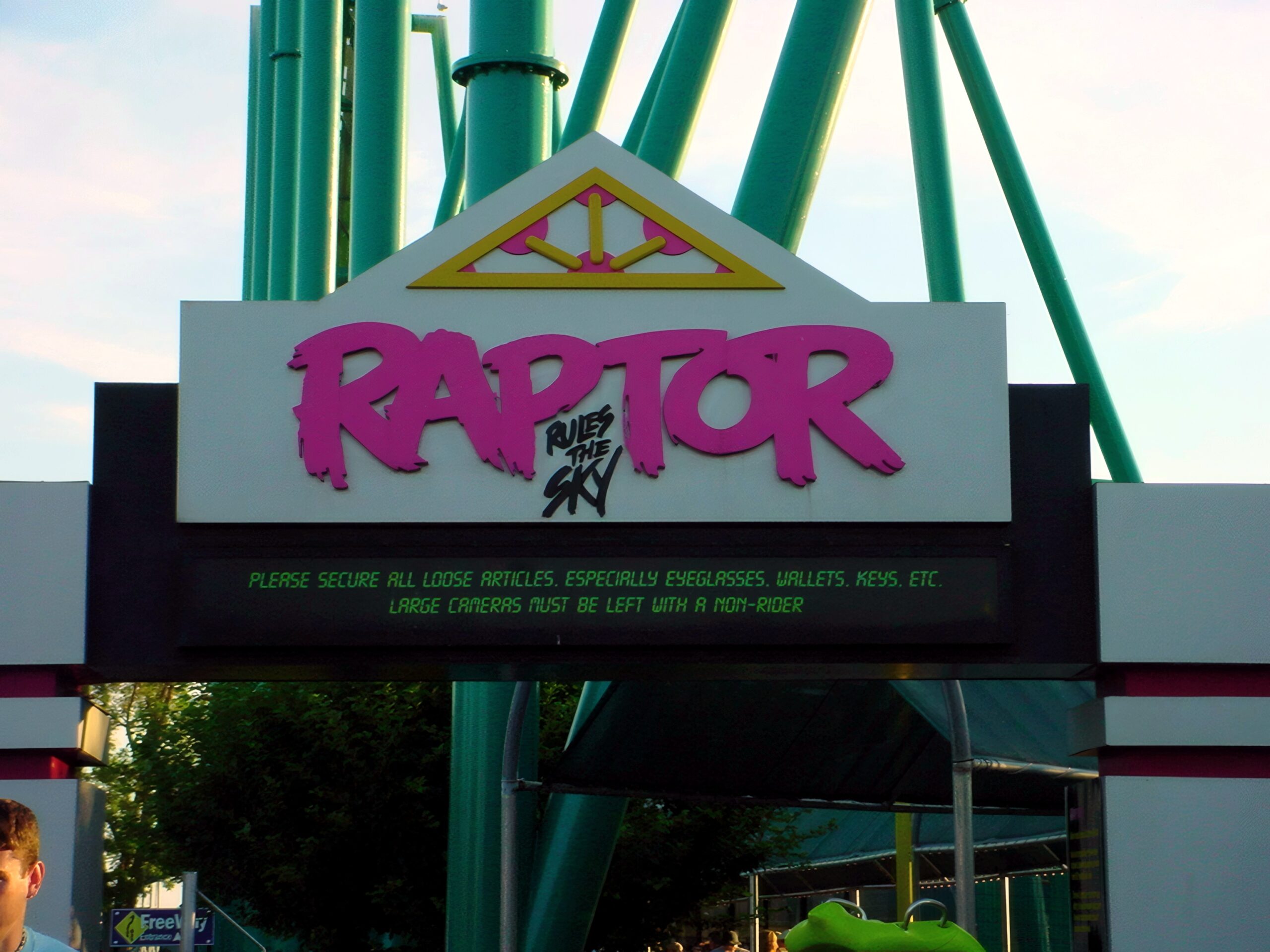 The Raptor station sign beneath the track at Cedar Point, July 2003