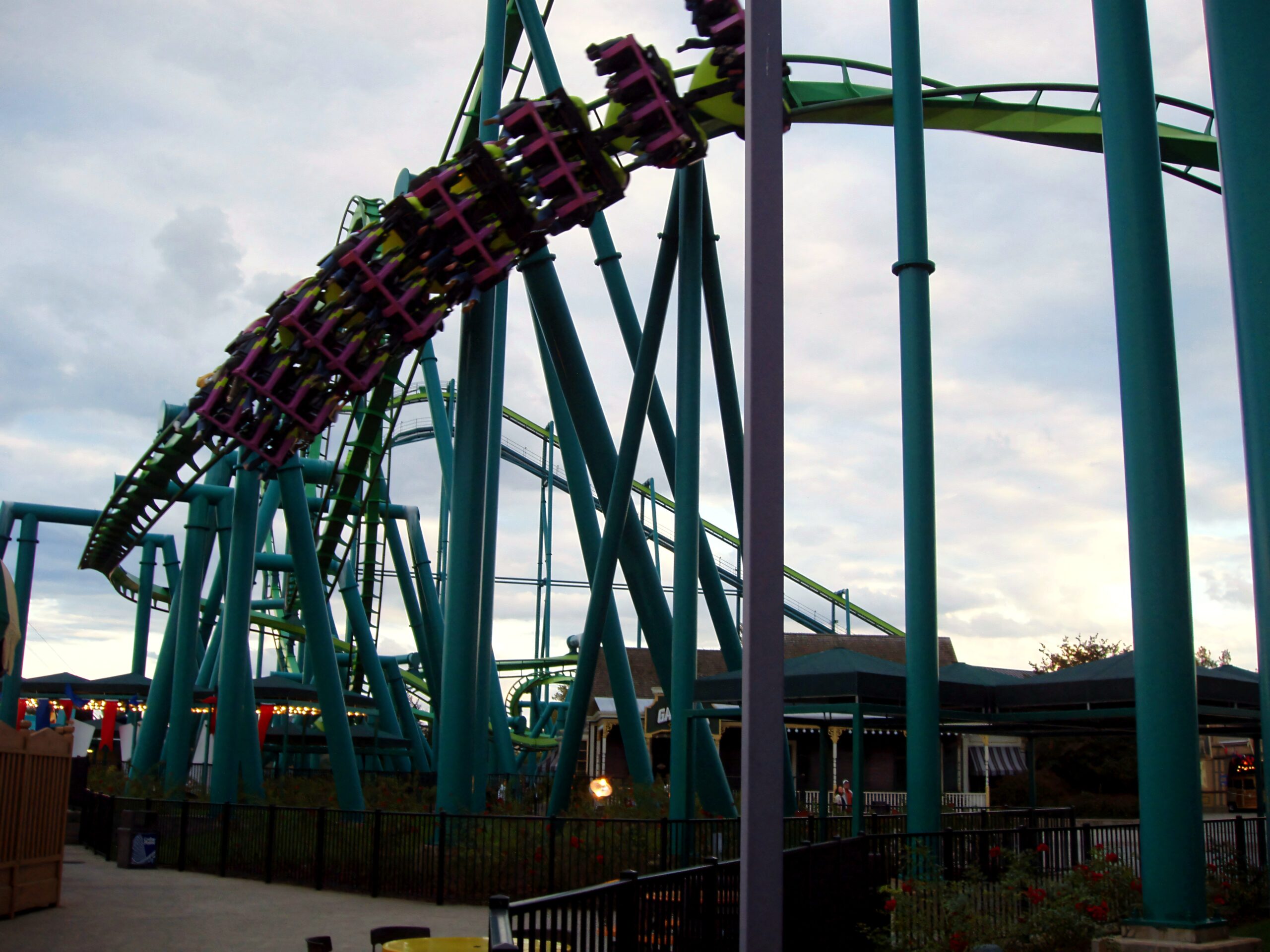 A Raptor train climbing out of an element at dusk at Cedar Point, September 2006