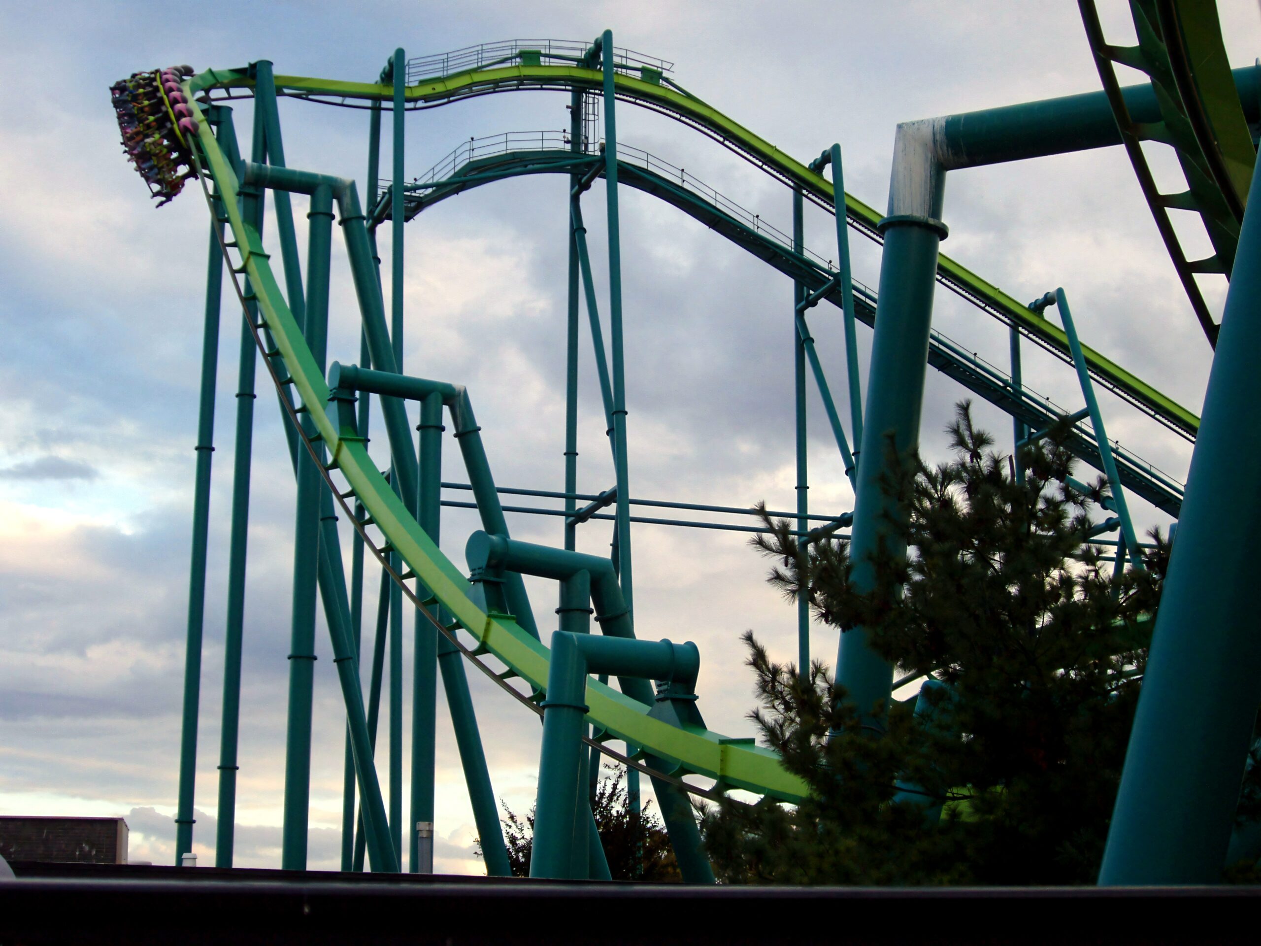 A Raptor train coming down the drop at dusk at Cedar Point, September 2006
