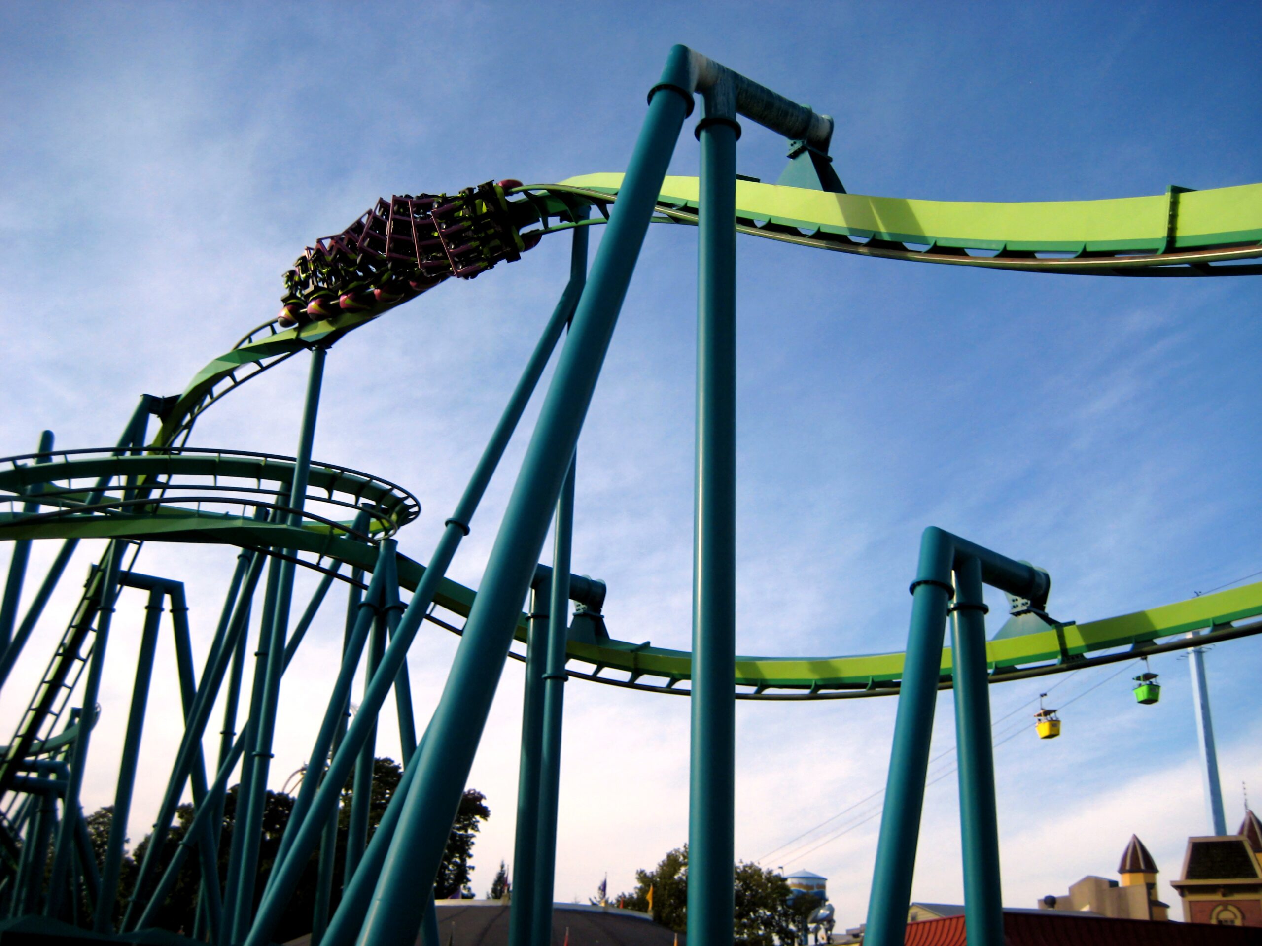 A Raptor train through an inversion against the sky at Cedar Point, September 2007