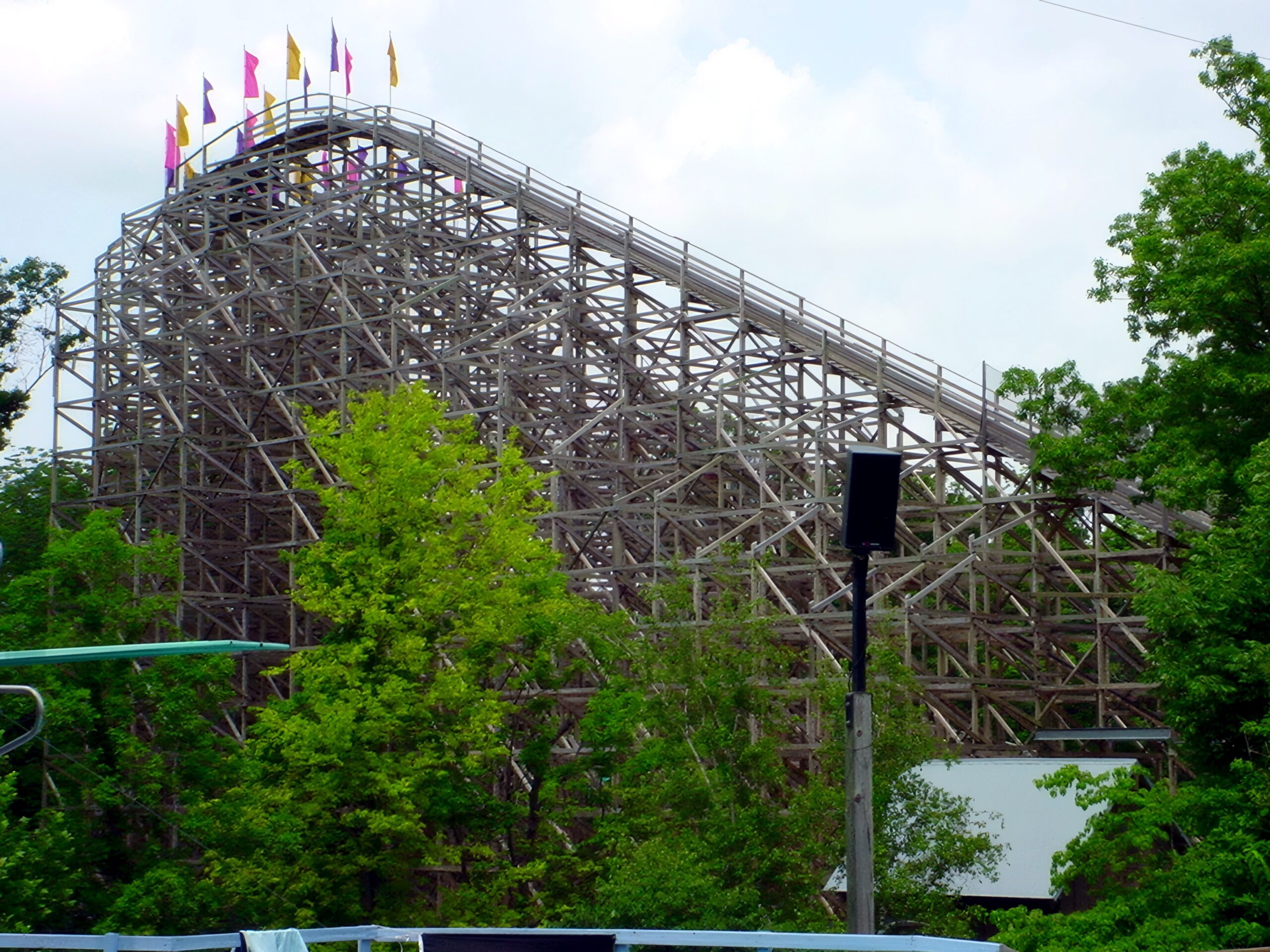 The Raven's lift hill rising among the trees, July 2002