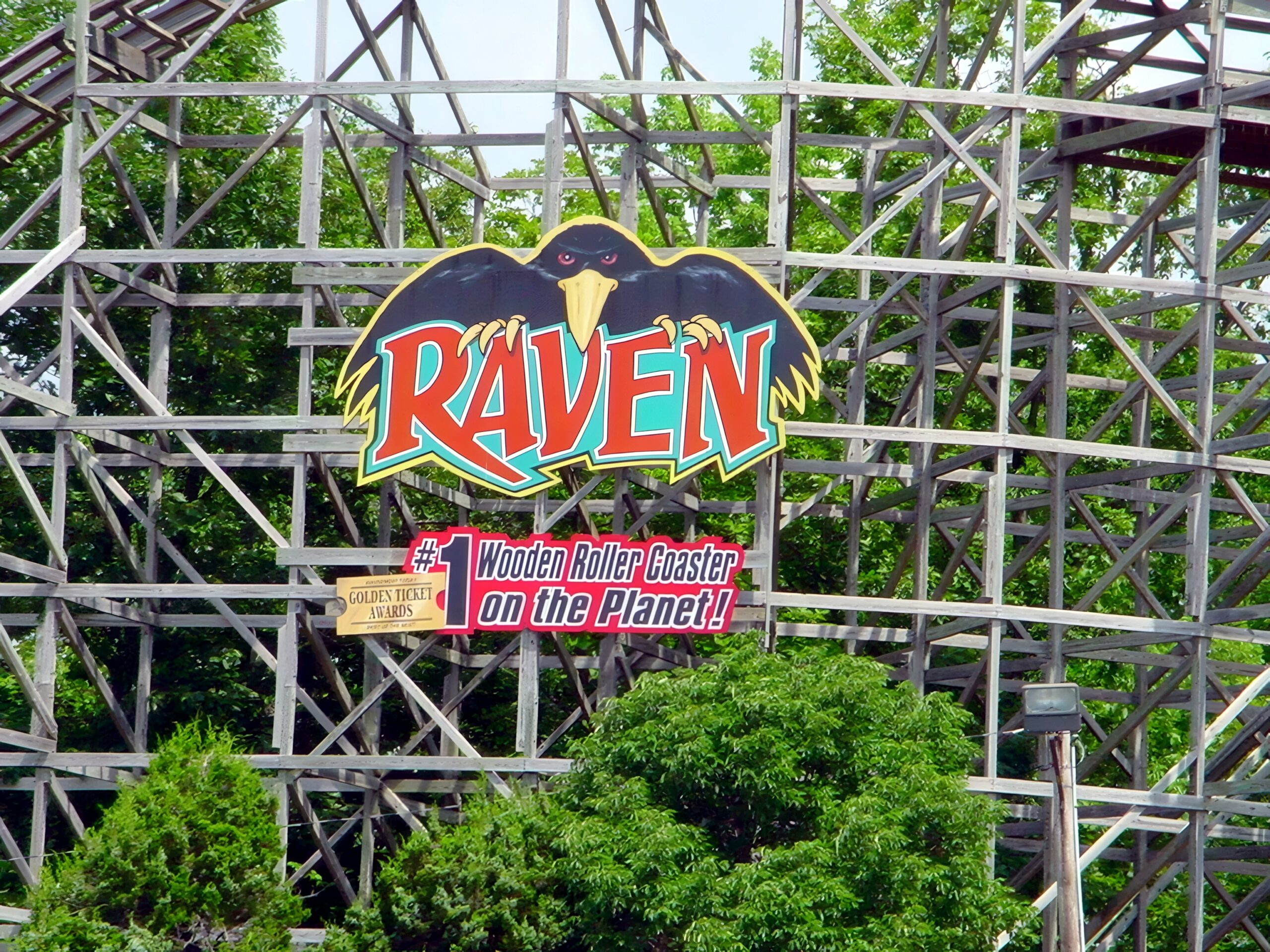 The Raven sign reading #1 Wooden Roller Coaster on the Planet, July 2002