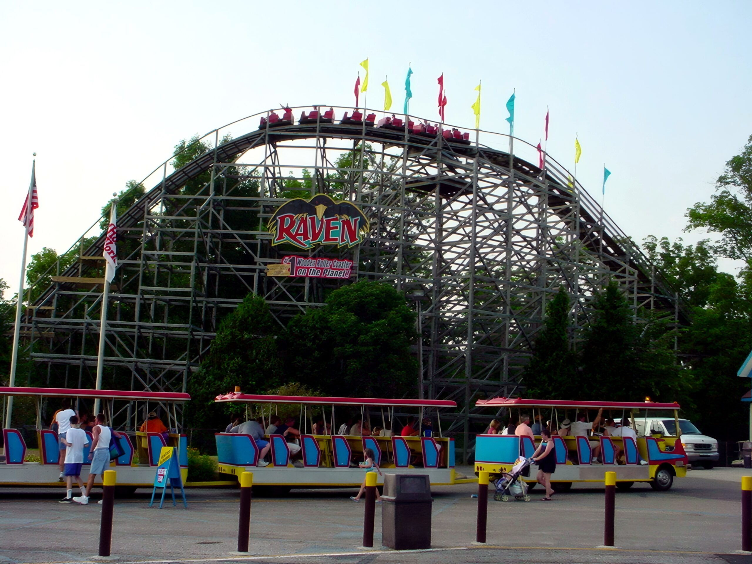 A Raven train loading at the station with the sign visible, July 2002