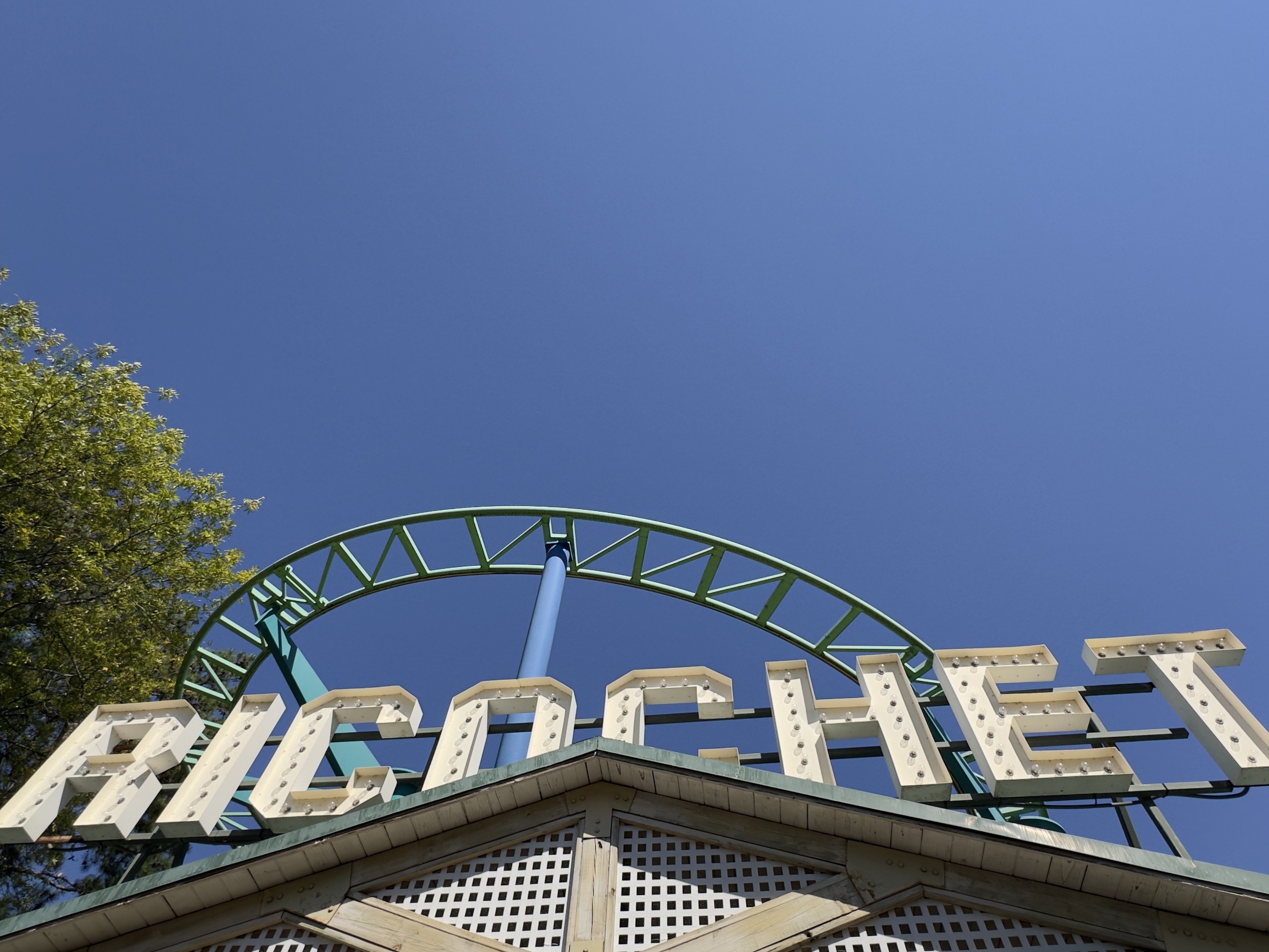 The Ricochet marquee letters with the green wild mouse track above, Carowinds, October 2024