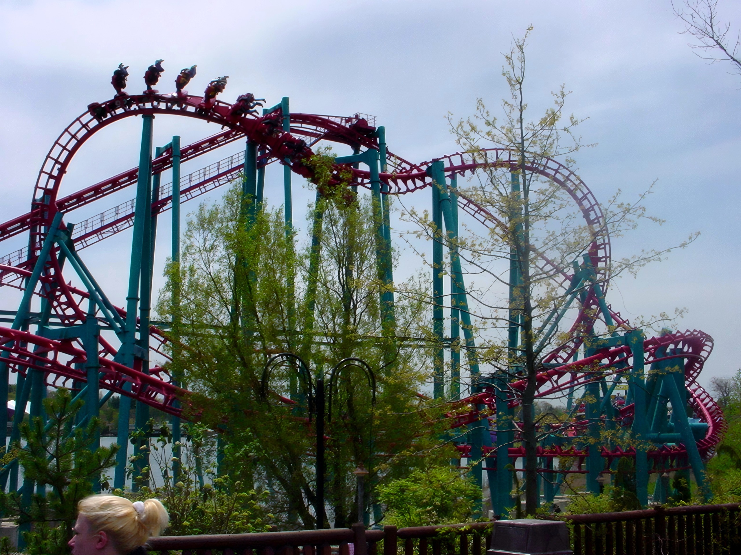 Close-up of train cresting loop on red-track coaster, Serial Thriller, May 2002