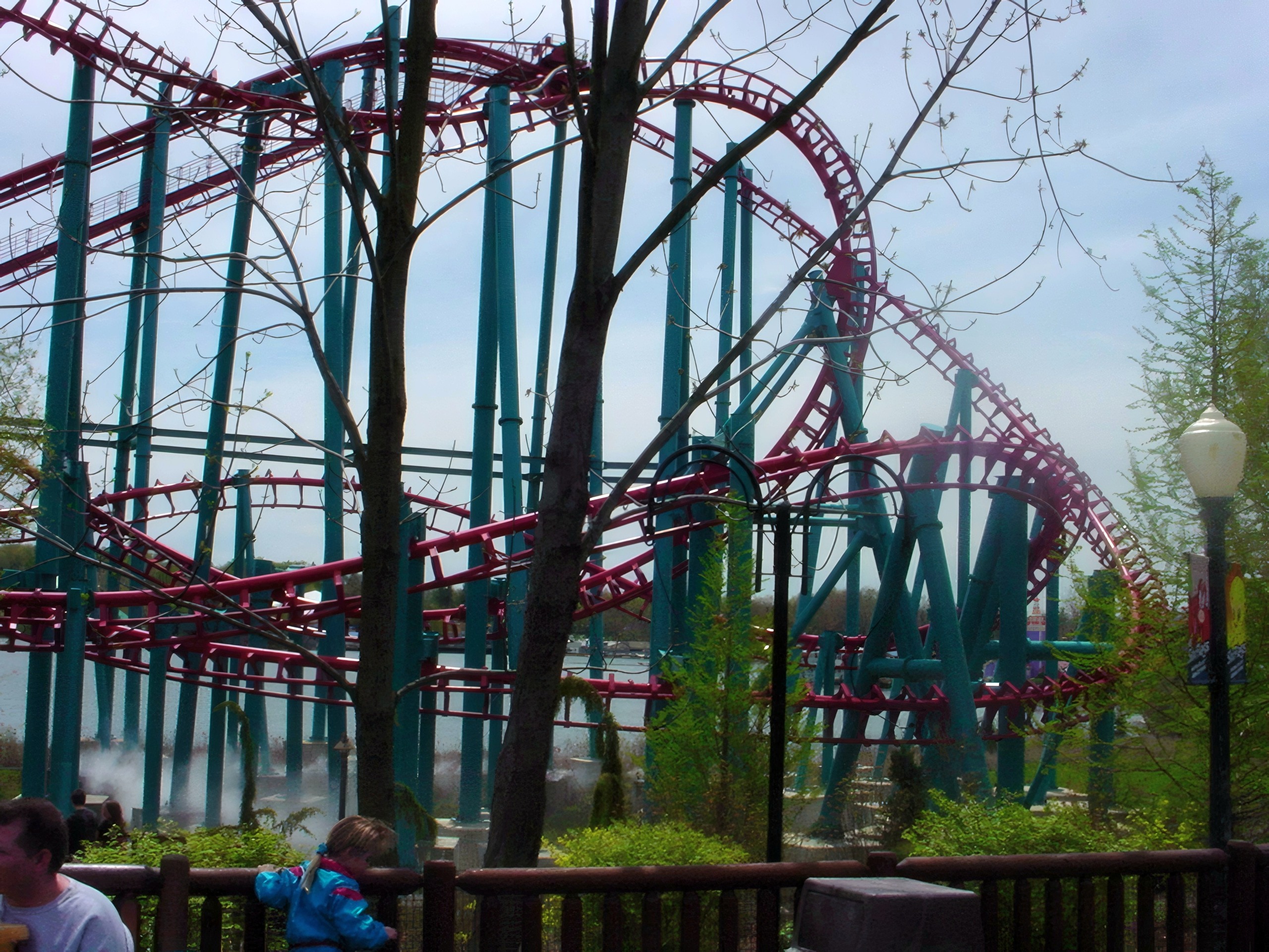 Coaster track twisting through bare trees, no train visible, Serial Thriller, May 2002