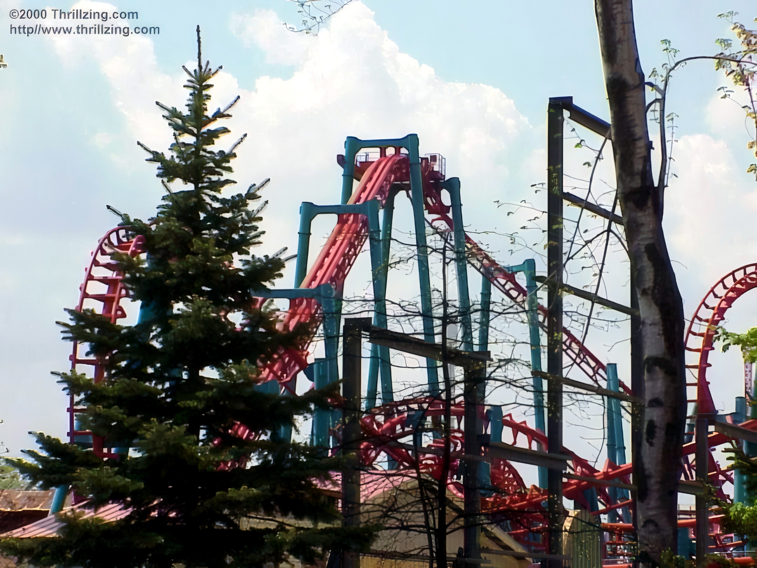 Red steel coaster track among teal supports and fir tree, Serial Thriller, May 2000
