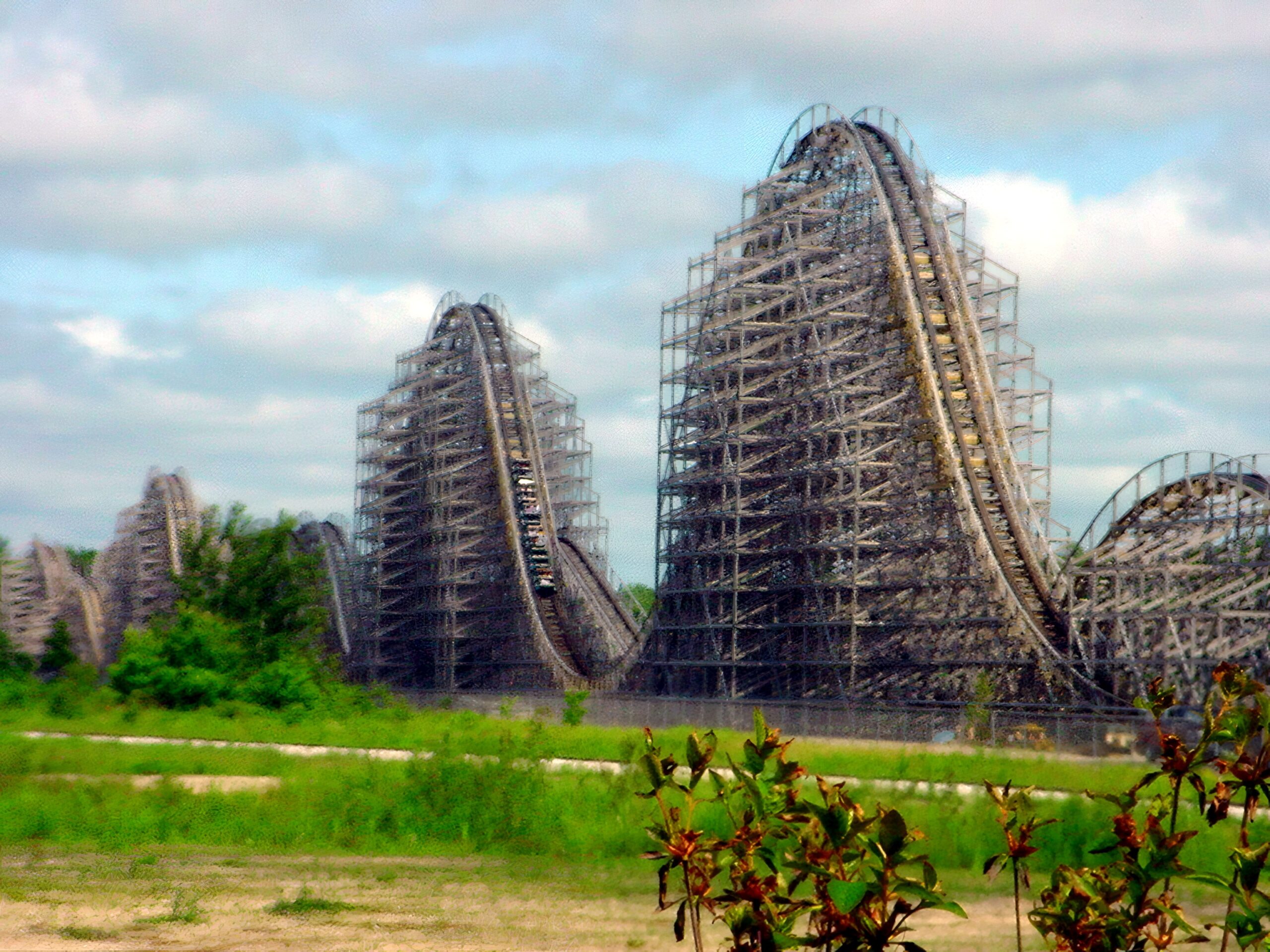 Shivering Timbers airtime hills seen from the midway, June 2002