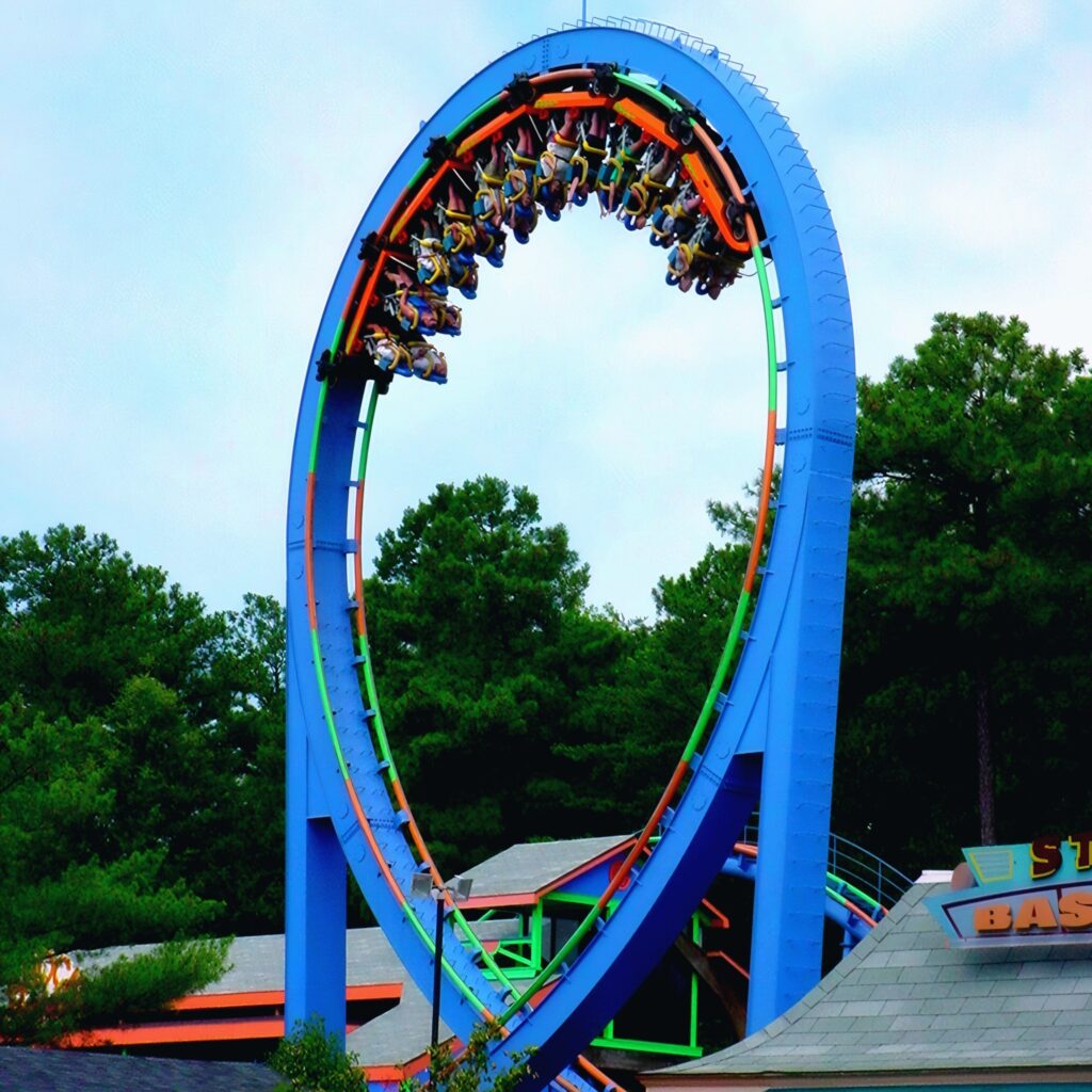 Shockwave at Kings Dominion: a train of standing riders going through the vertical loop
