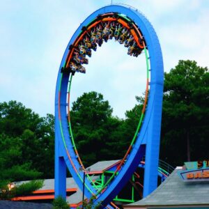 Shockwave at Kings Dominion: a train of standing riders going through the vertical loop