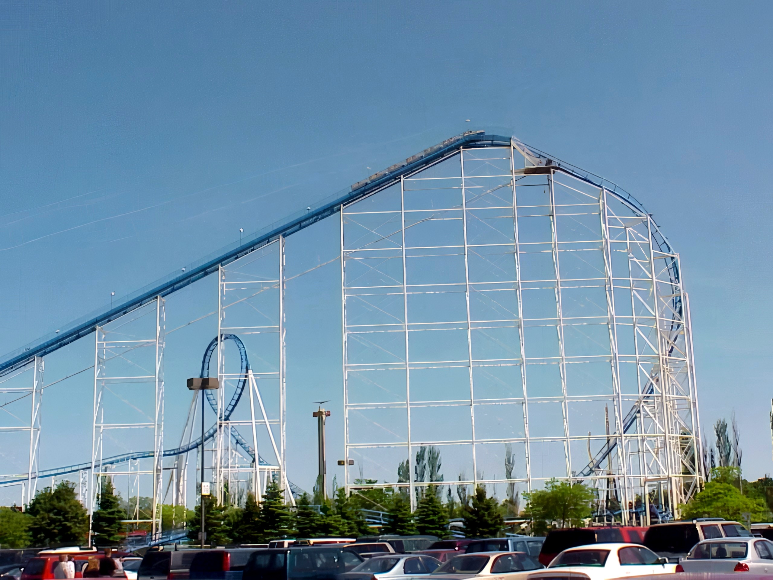 Shockwave's lift hill and first drop above the parking lot at Six Flags Great America, May 2001