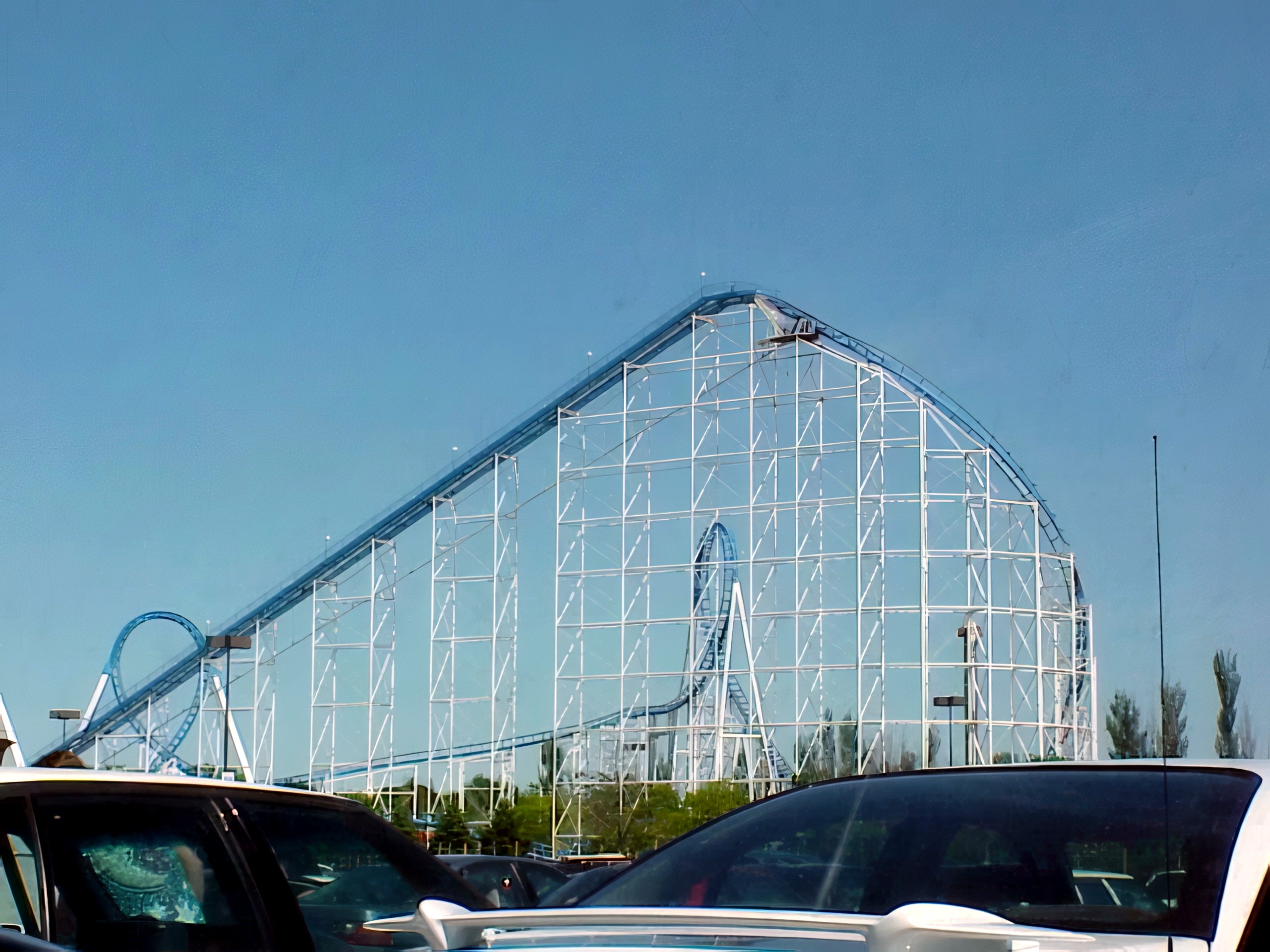 Shockwave's lift hill and loops seen from the parking lot at Six Flags Great America, May 2001