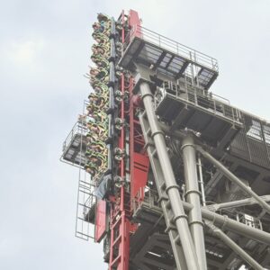 A Siren's Curse train hanging vertical on the tilt section at Cedar Point, September 2026