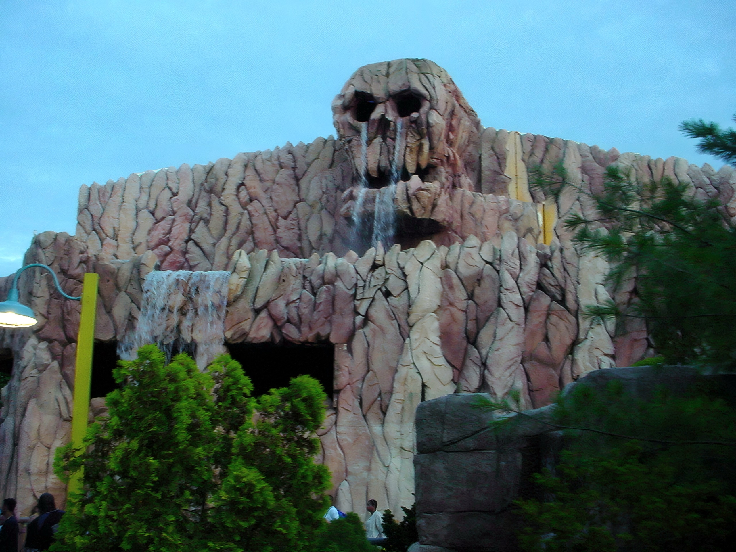 Skull-shaped mountain facade with waterfall entrance, Skull Mountain, July 2001