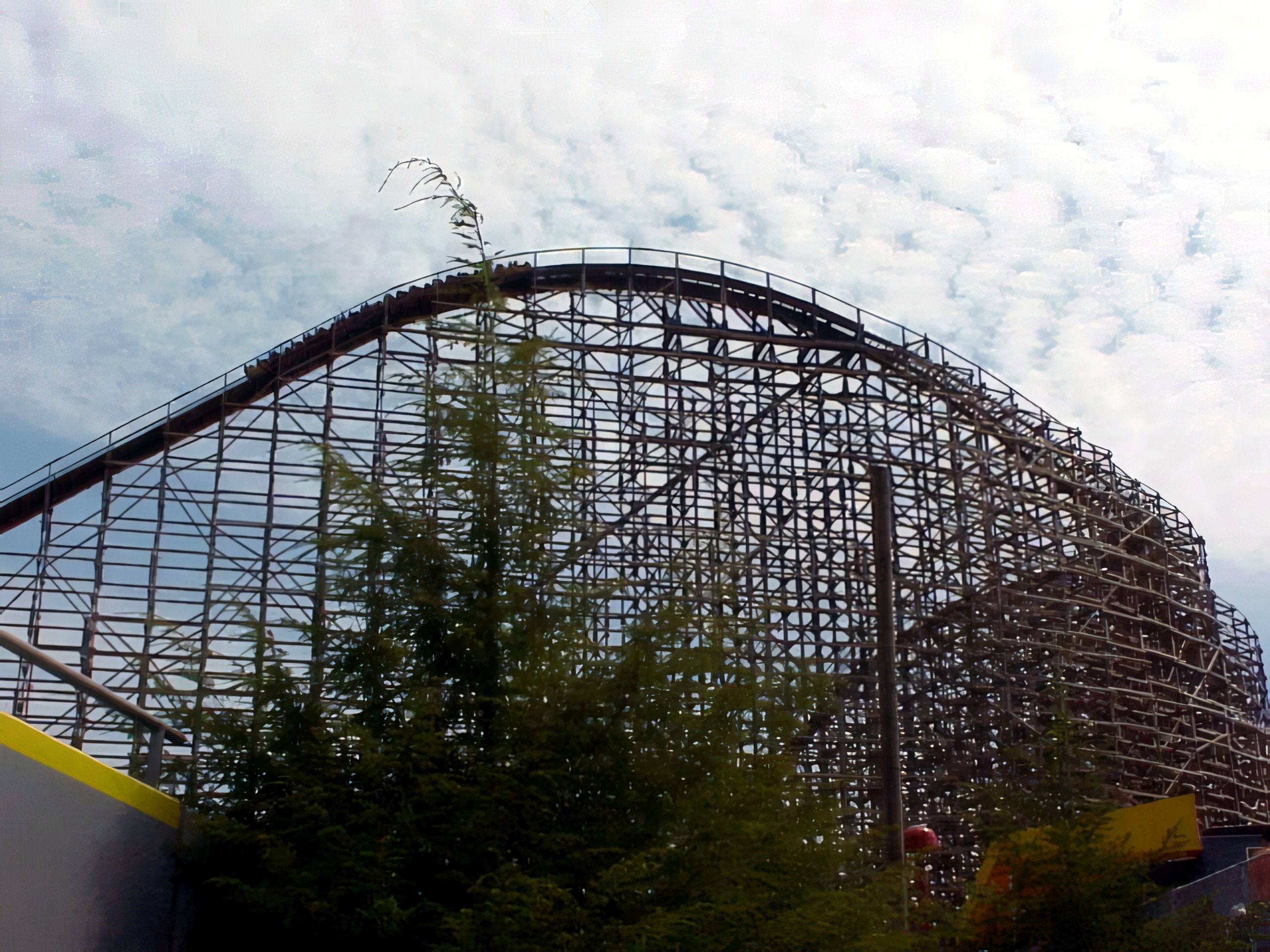 Son of Beast's hill under a cloudy sky at Kings Island, April 2001