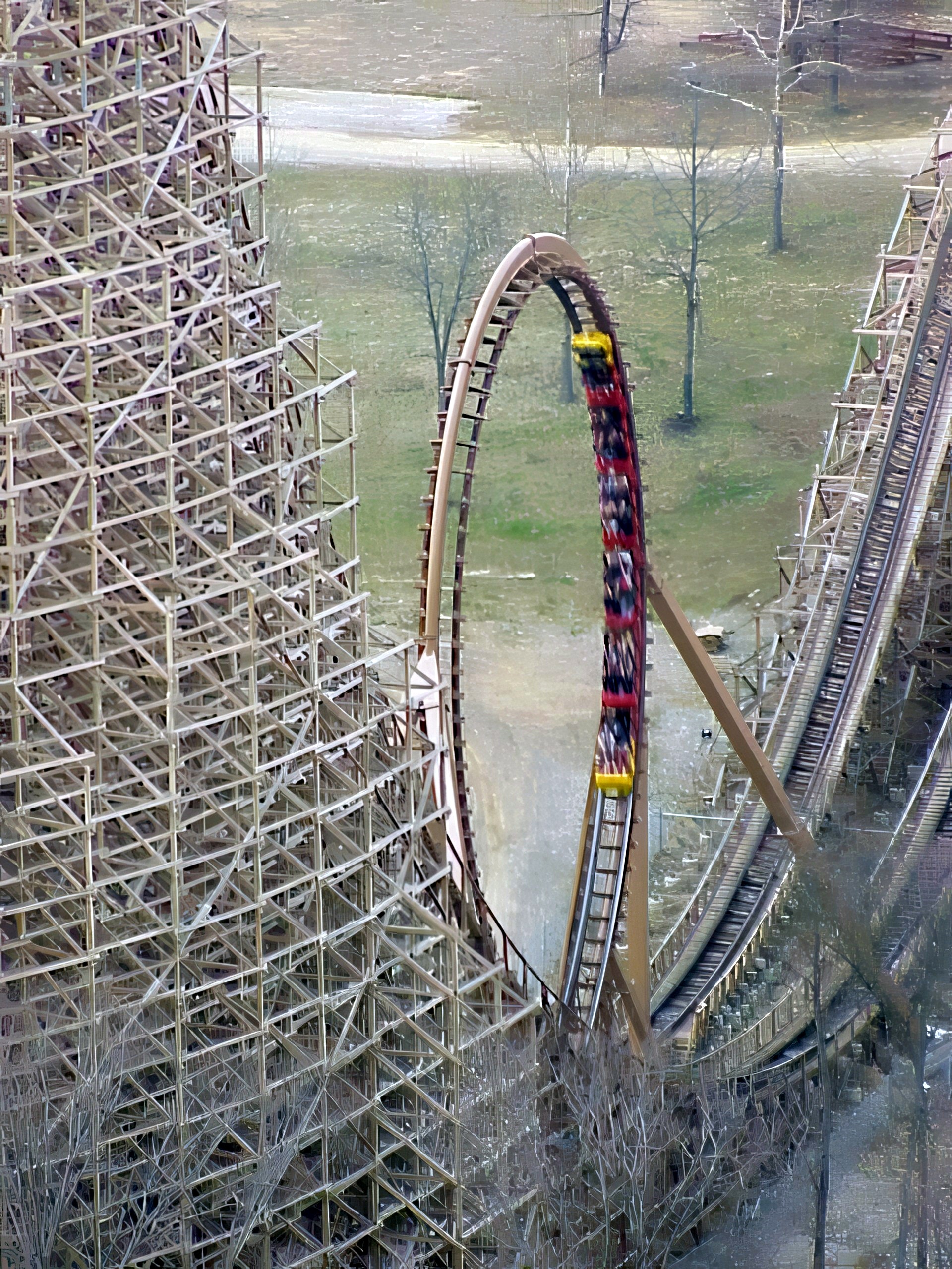 A Son of Beast train inside the helix, seen from the Eiffel Tower at Kings Island, April 2001
