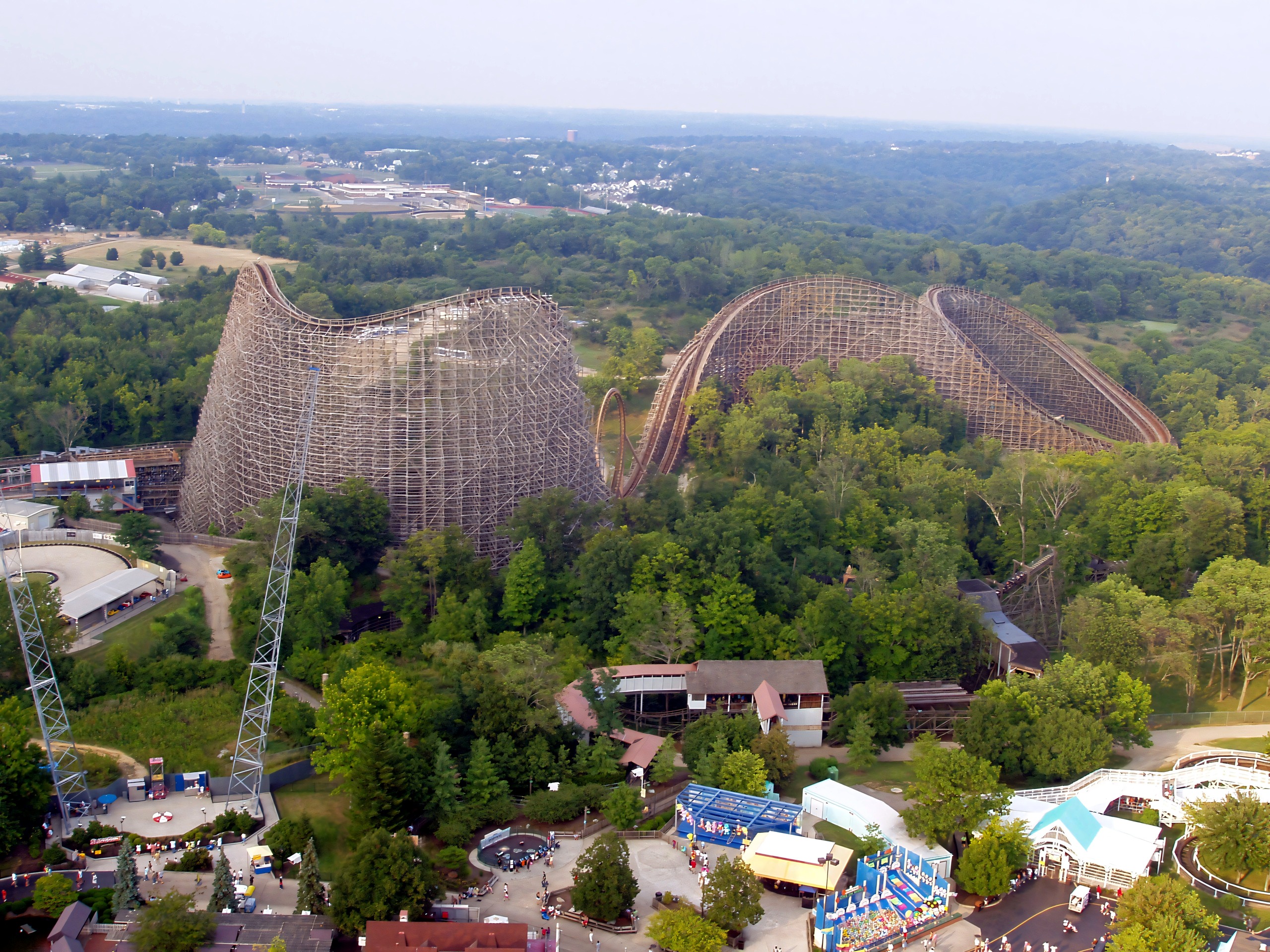 Son of Beast's twin peaks and loop seen from the Eiffel Tower at Kings Island, August 2006