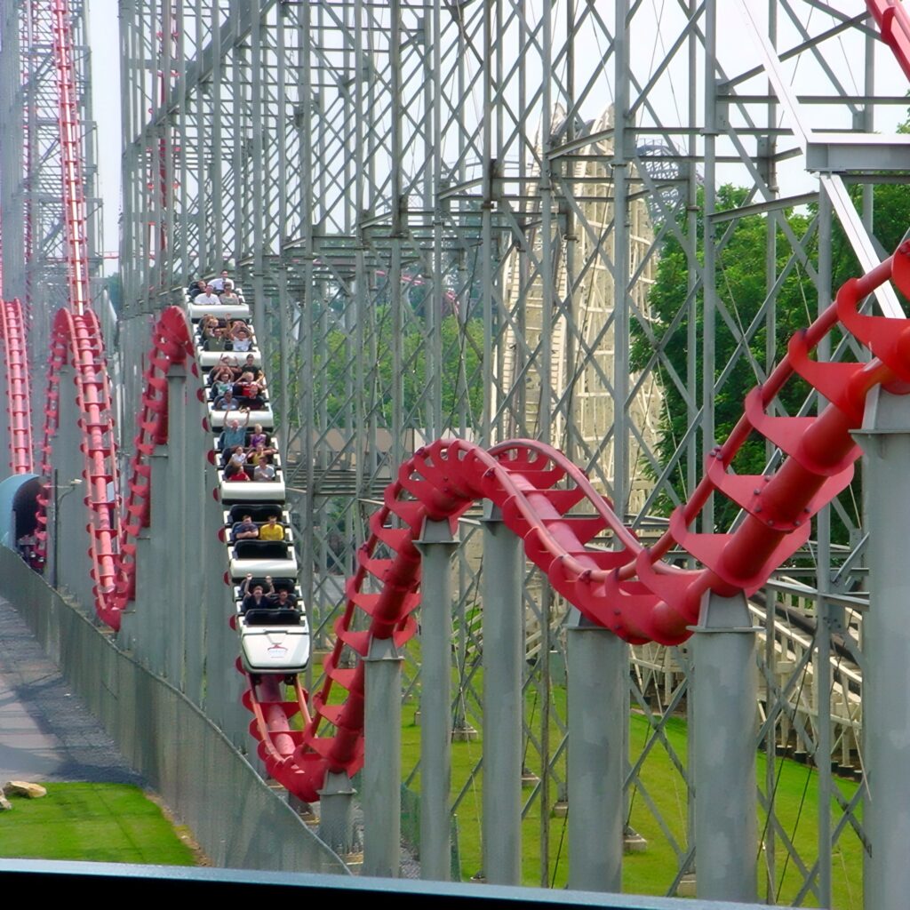 Steel Force train on the return hills beside Thunderhawk at Dorney Park