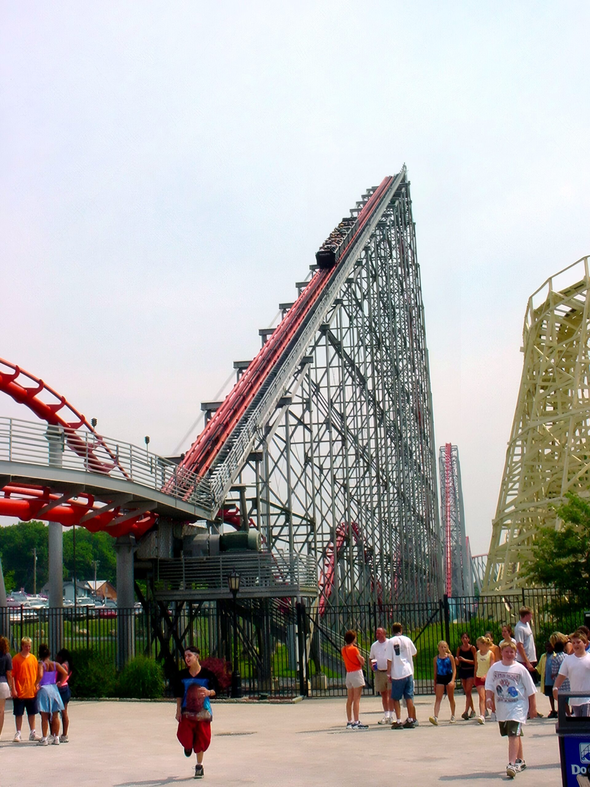 Steel Force's lift hill above the midway crowd, July 2001